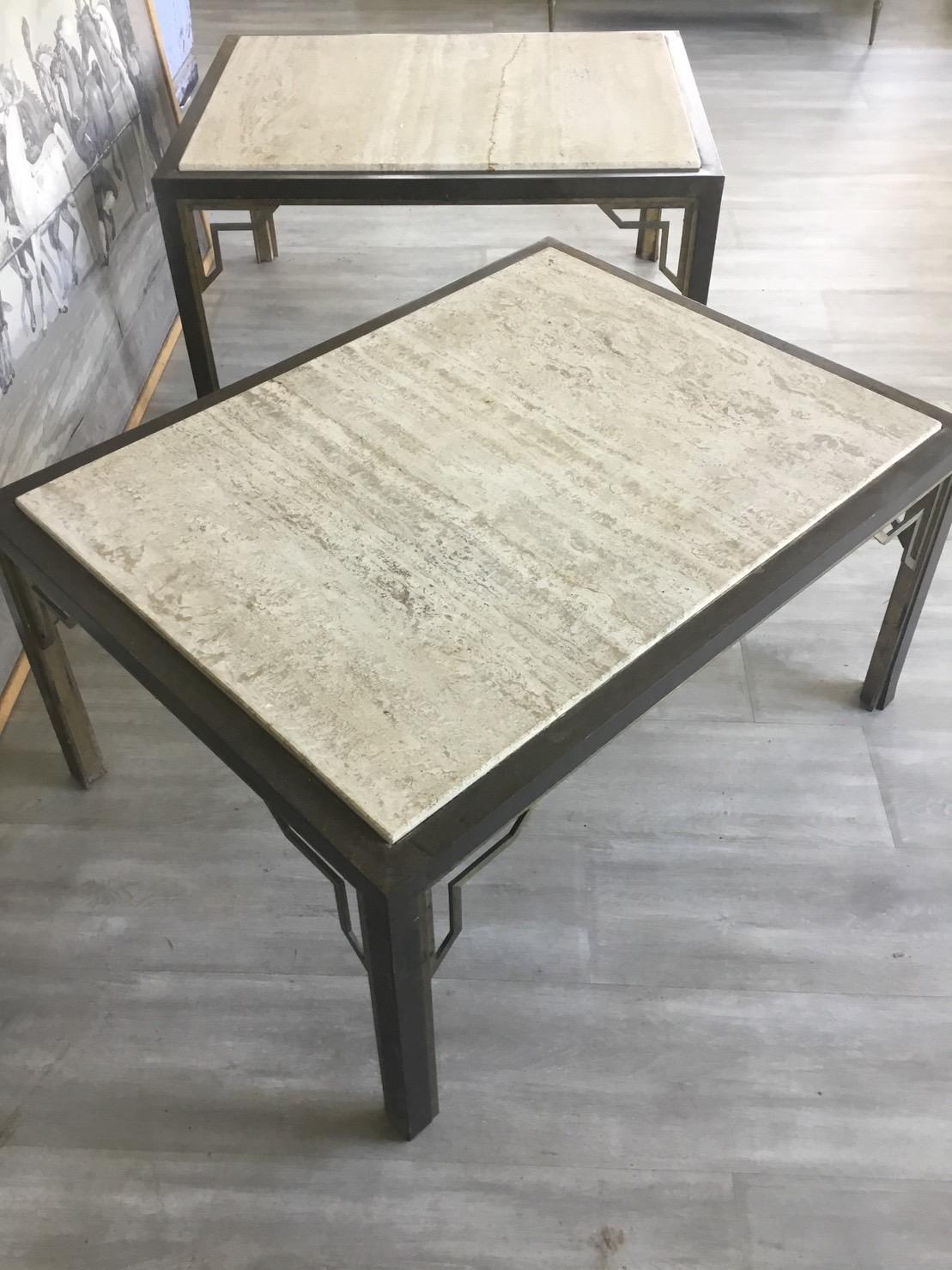 Pair of Brass End-Sofa Tables with Travertine Tops 11