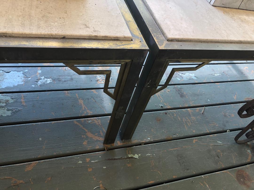 Mid-20th Century Pair of Brass End-Sofa Tables with Travertine Tops