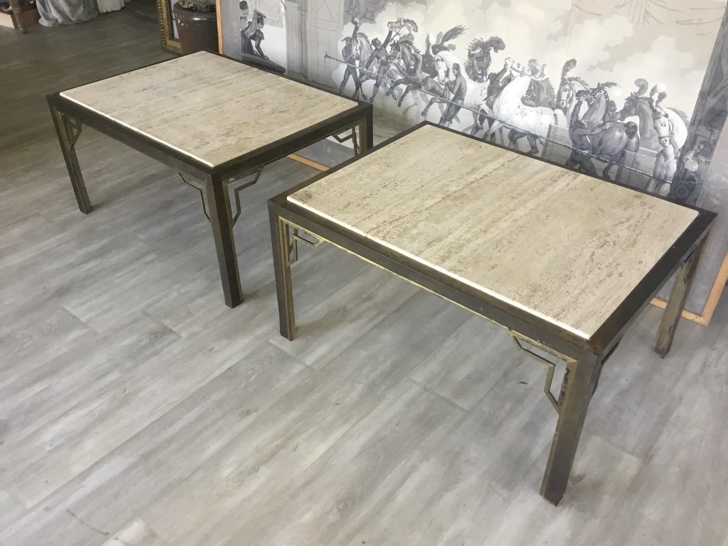 Pair of Brass End-Sofa Tables with Travertine Tops 2