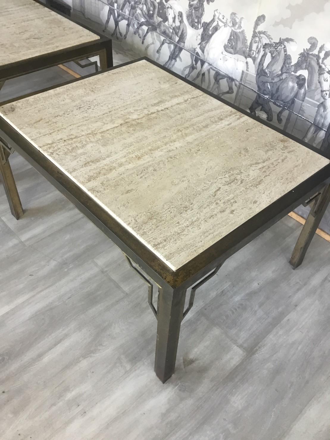 Pair of Brass End-Sofa Tables with Travertine Tops 3