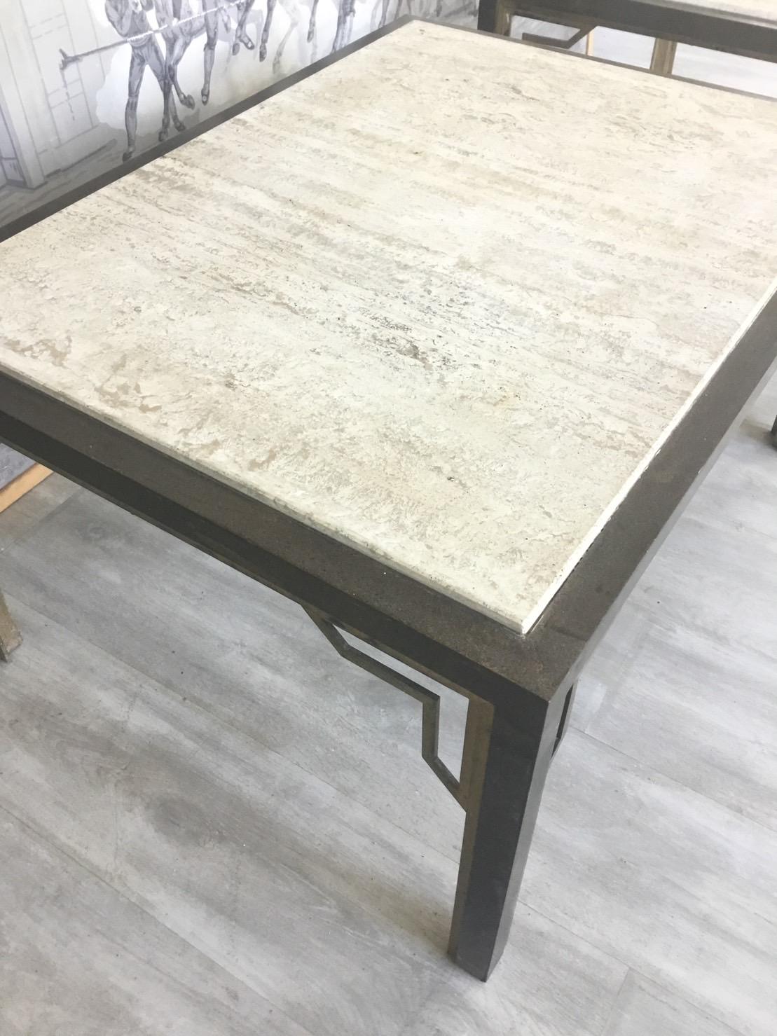 Pair of Brass End-Sofa Tables with Travertine Tops 4