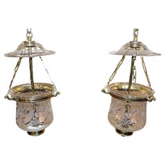  Pair of Brass Etched Glass Three Light Chandelier Bell Jar Lanterns