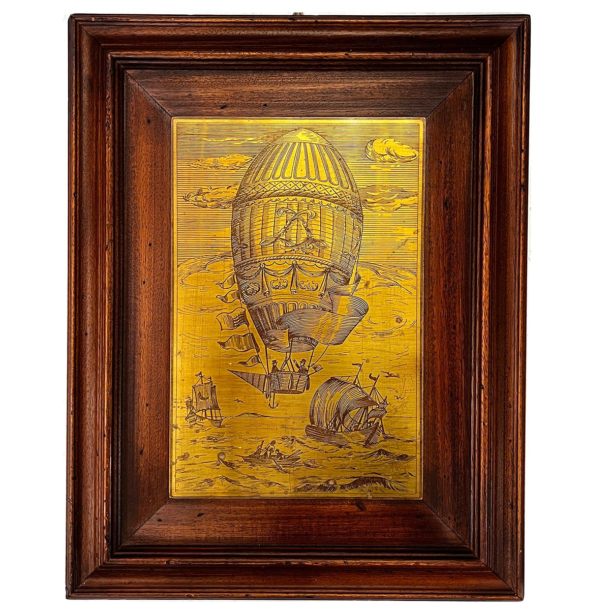 Pair of circa 1950s English Montgolfier etchings with wood frames.

Measurements:
Height: 18.75