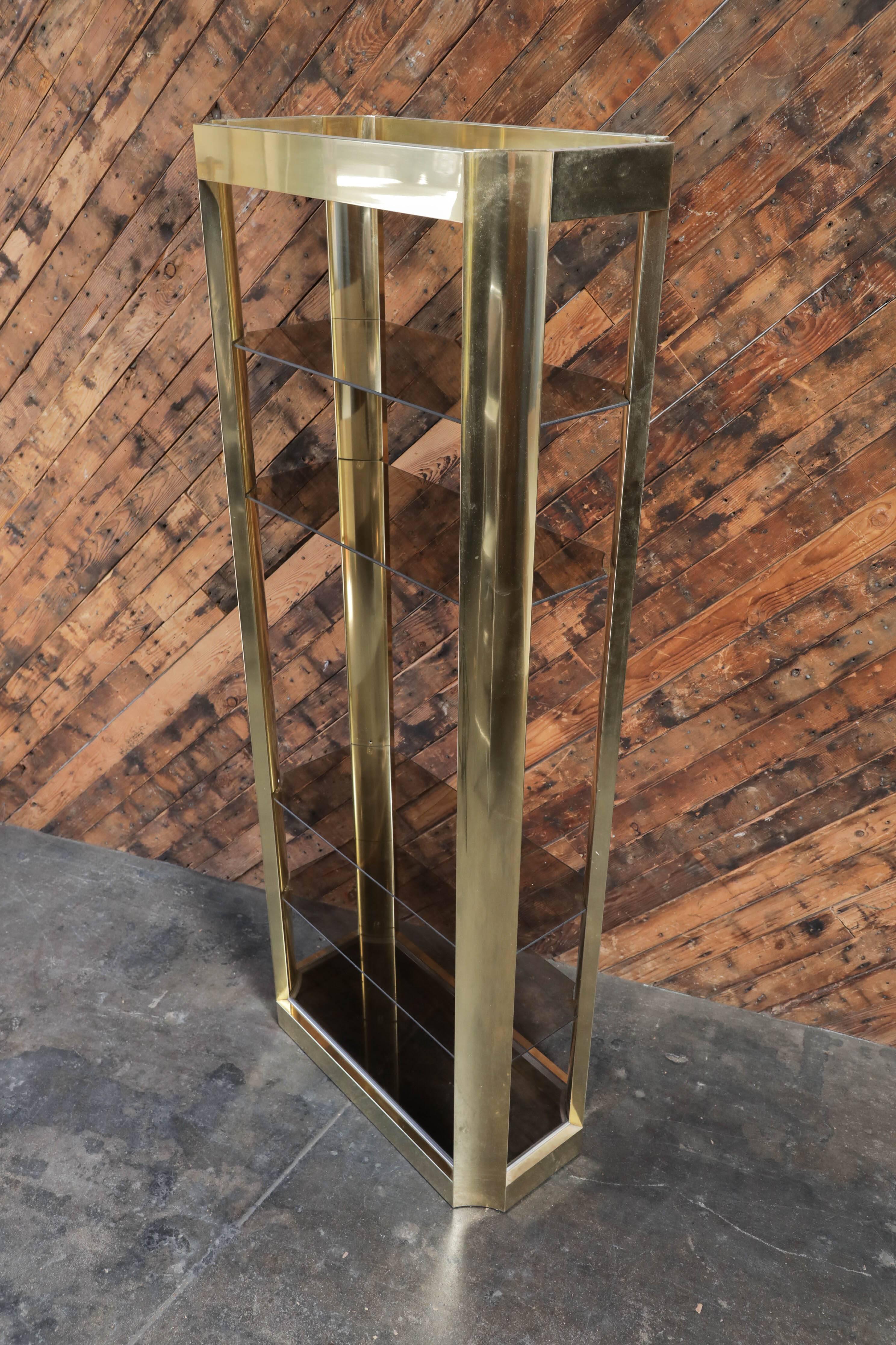 Pair of Brass Etegeres with Smoked Glass Shelves and Beautiful Curved Design For Sale 2