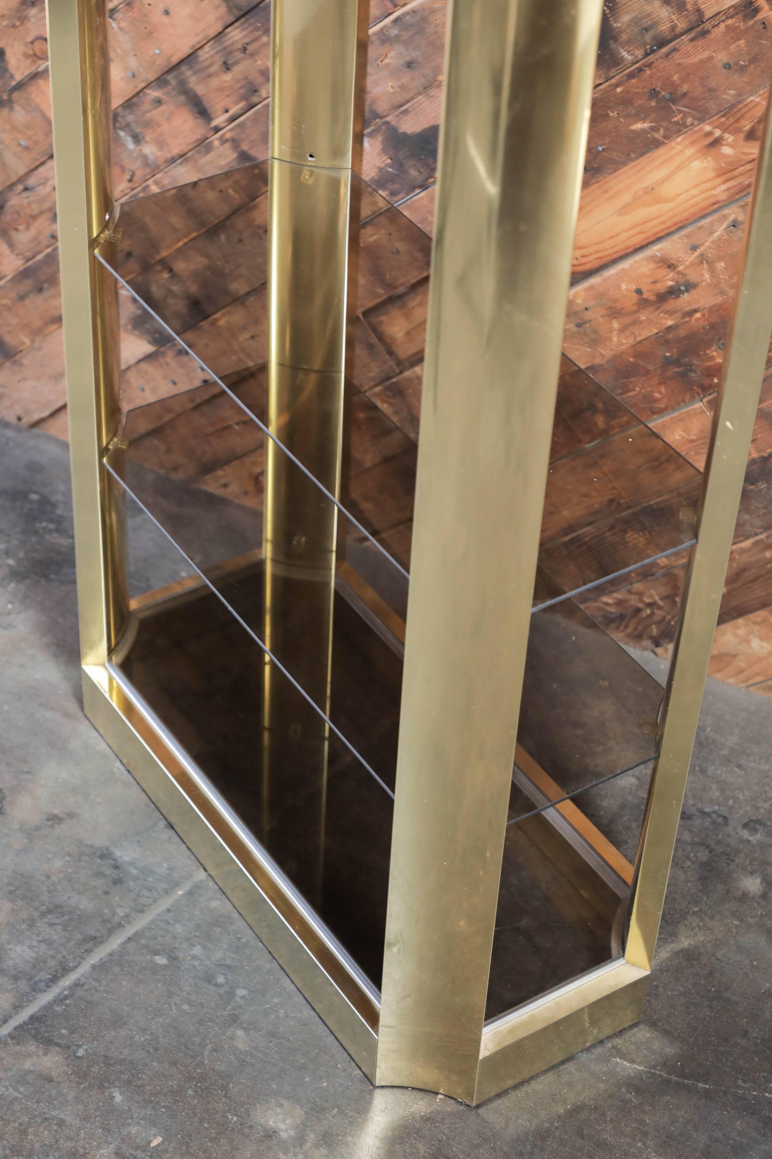 Pair of Brass Etegeres with Smoked Glass Shelves and Beautiful Curved Design For Sale 3