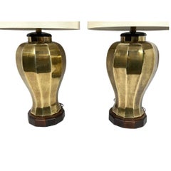 Pair of Brass Faceted Table Lamps on Wood Bases