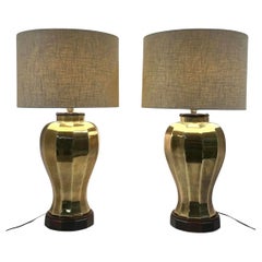 Pair of Brass Faceted Table Lamps on Wood Bases