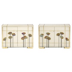 Paire de buffets en laiton:: faux bambou et verre de Murano ivoire "pissenlits":: Italie