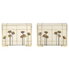 Pair of Brass Faux Bamboo and Ivory Murano Glass "Dandelions" Sideboards, Italy