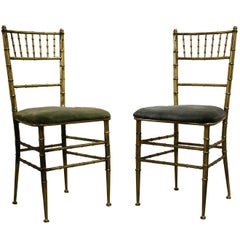 Pair of Brass Faux Bamboo Dining Chairs, Italy, 1960s