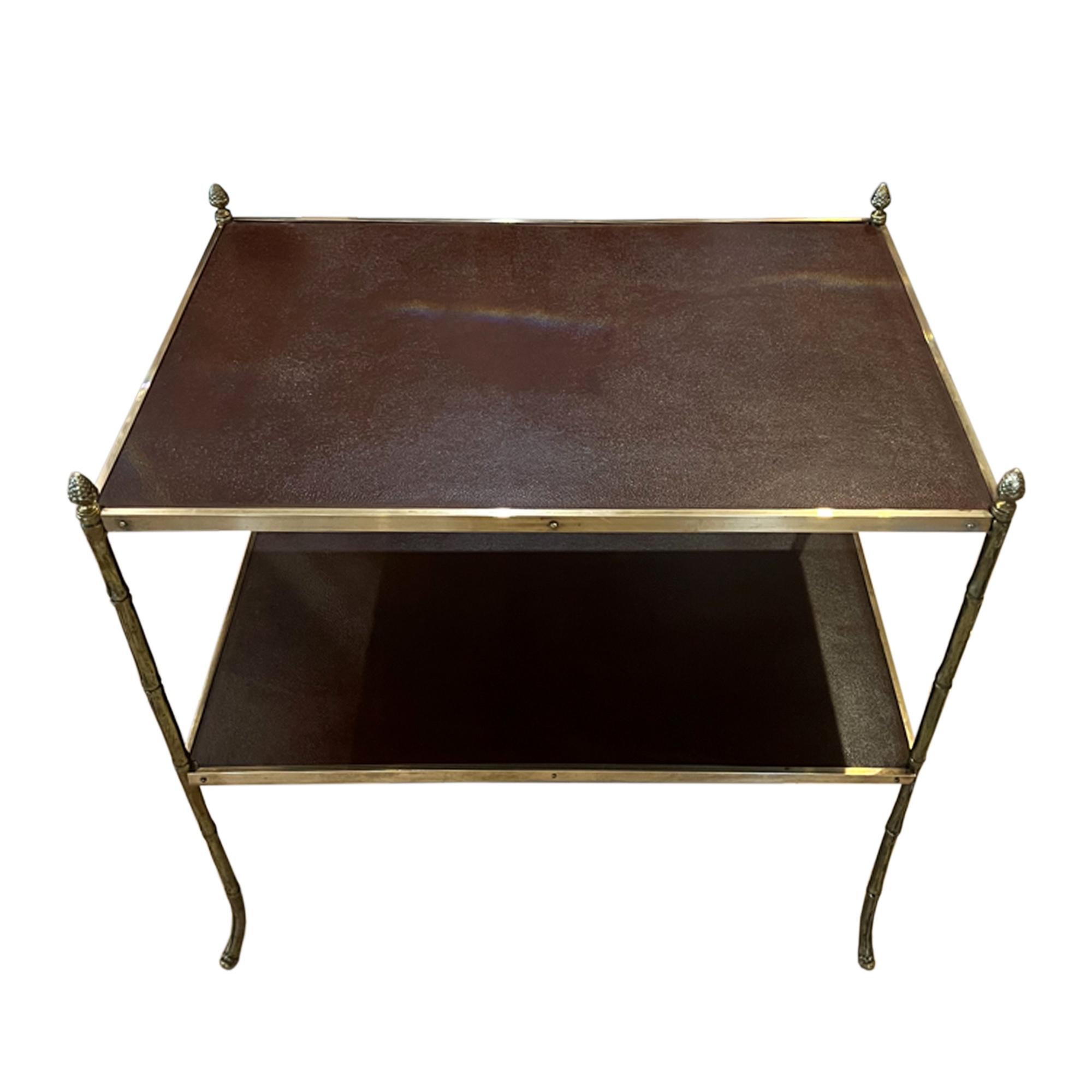 Mid-Century Modern Pair of Brass Faux Bamboo Mid Century Side Tables With Leather Tops