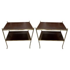 Pair of Brass Faux Bamboo Mid Century Side Tables With Leather Tops