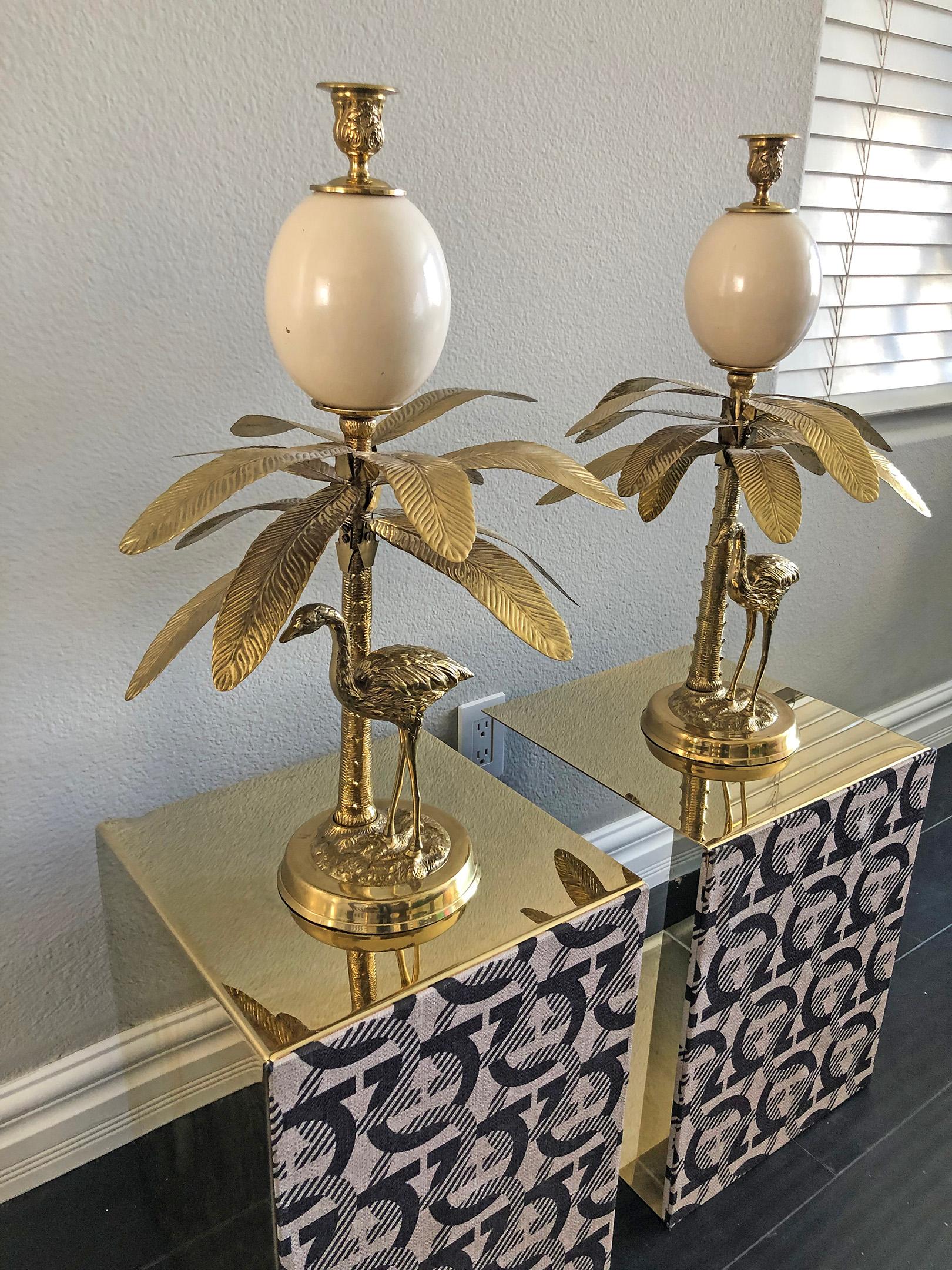 Hollywood Regency Pair of Brass Faux Ostrich Egg, Ostrich, and Palm Tree Candlestick Holders