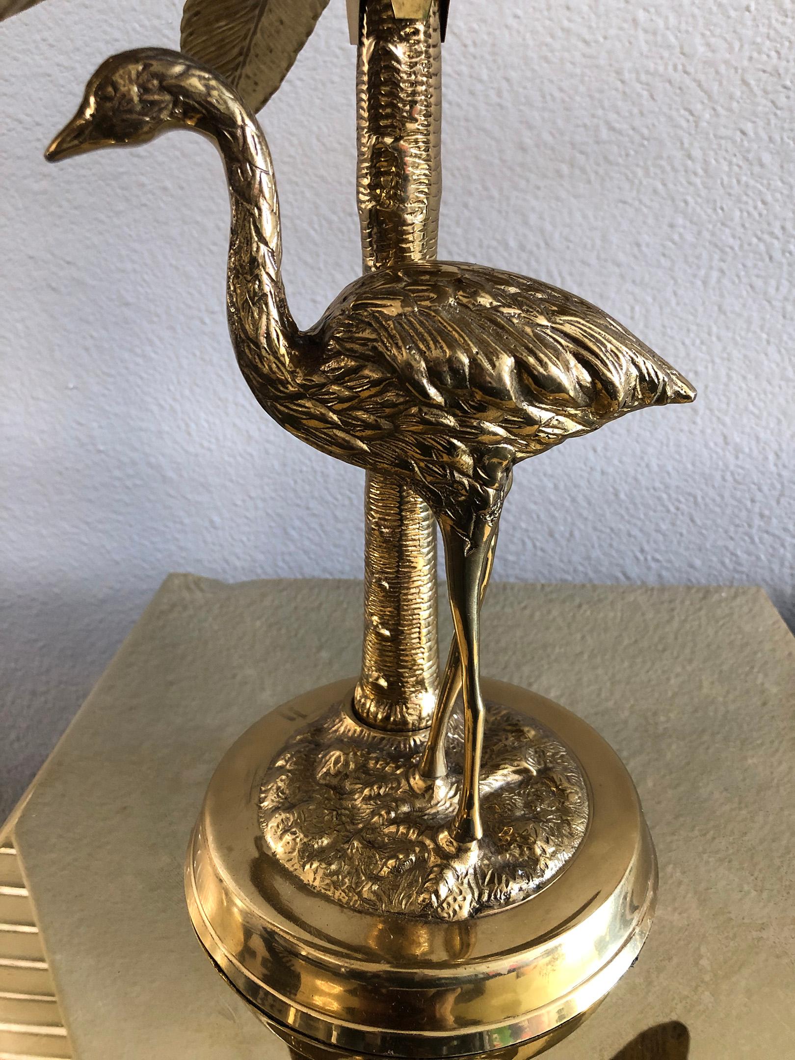 Pair of Brass Faux Ostrich Egg, Ostrich, and Palm Tree Candlestick Holders In Good Condition In Culver City, CA