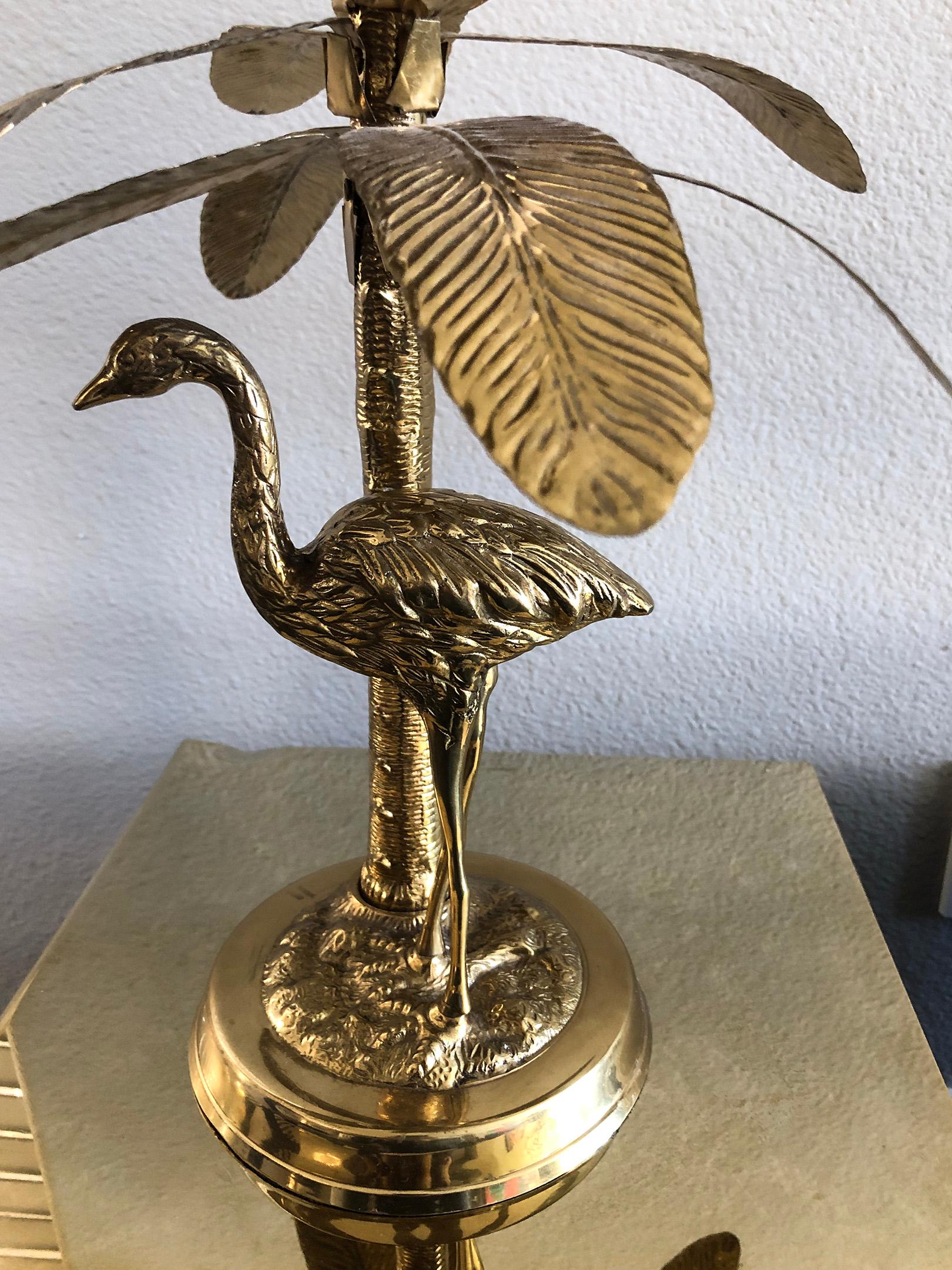 Late 20th Century Pair of Brass Faux Ostrich Egg, Ostrich, and Palm Tree Candlestick Holders