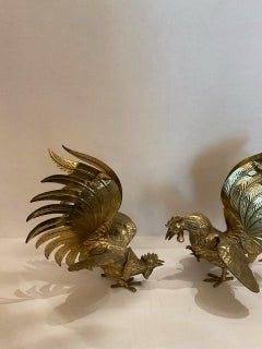 Pair of Brass Fighting Roosters