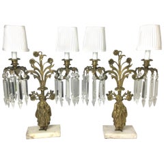 Vintage Pair of  Brass Figural Candelabra Lamps with Prisms