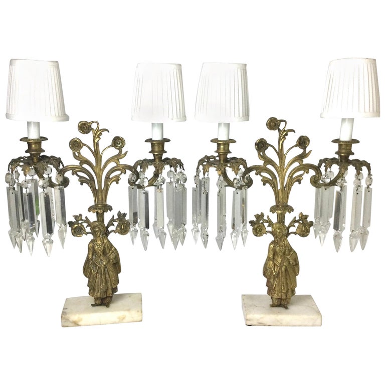Pair of Brass Figural Candelabra Lamps with Prisms For Sale at 1stDibs