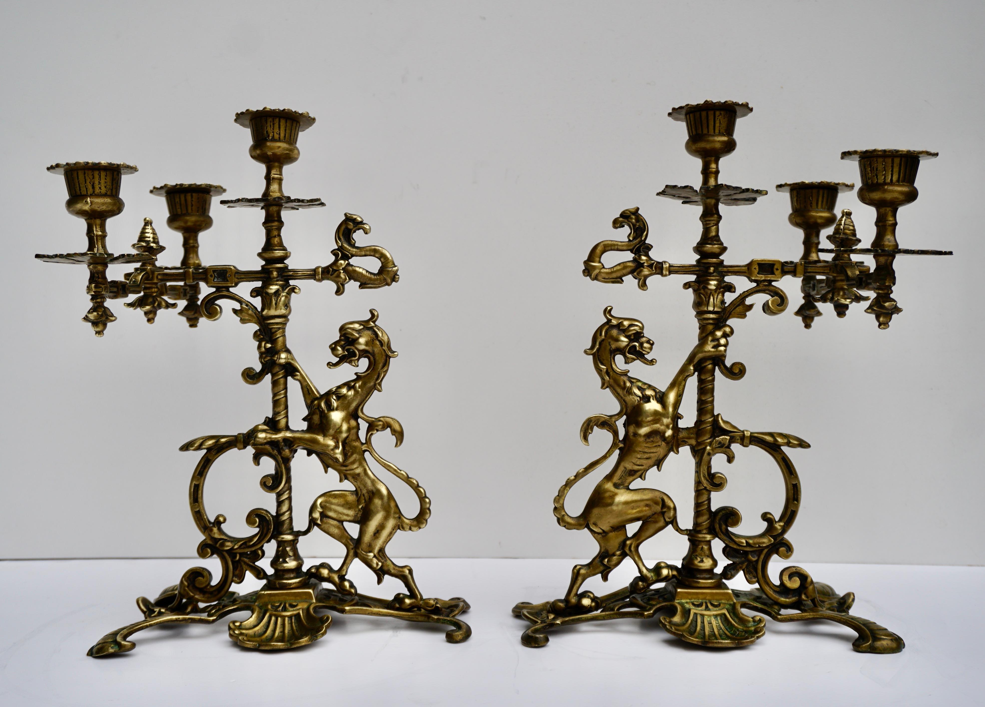French Pair of Brass Figural Candelabra with Dragons