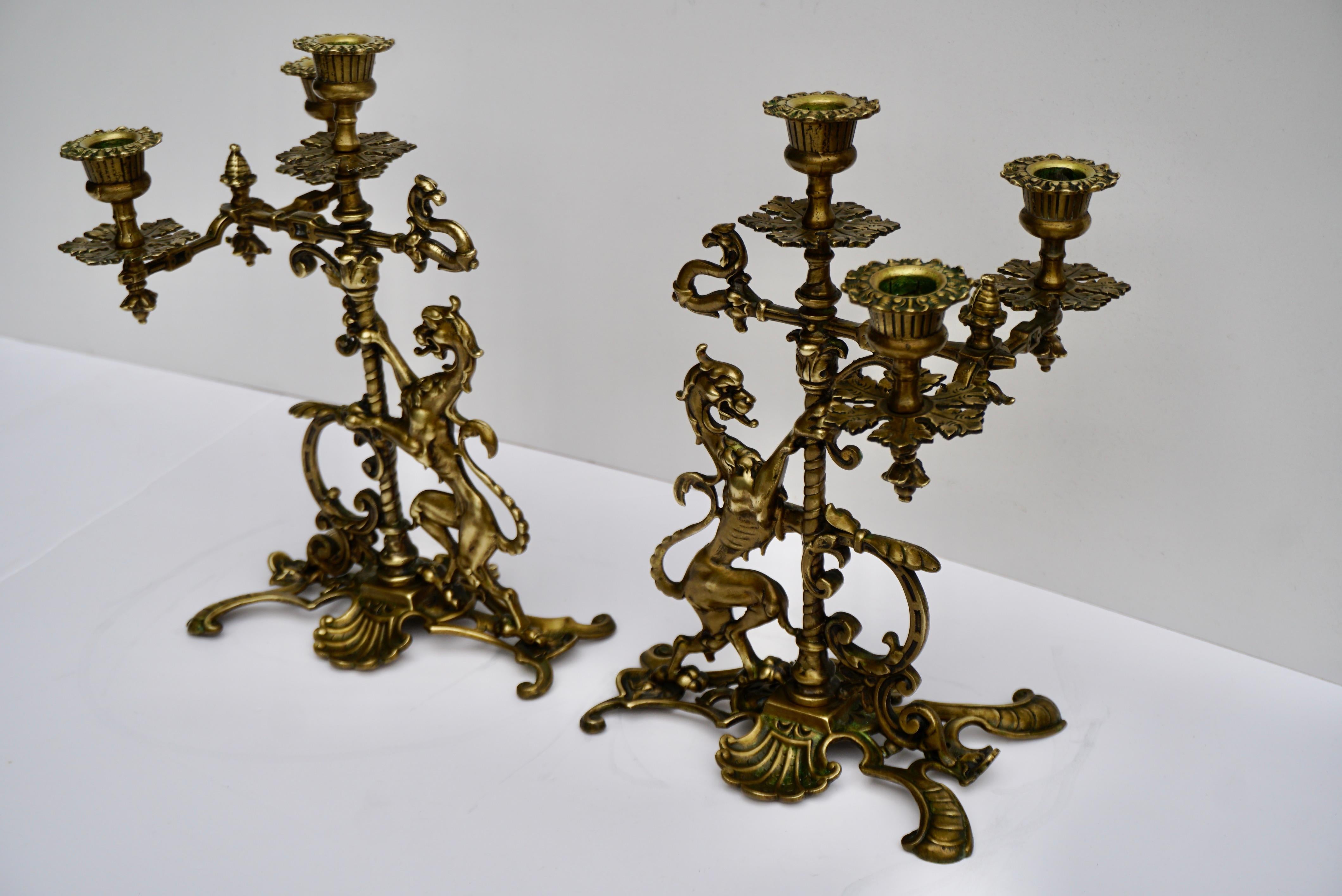 Polished Pair of Brass Figural Candelabra with Dragons