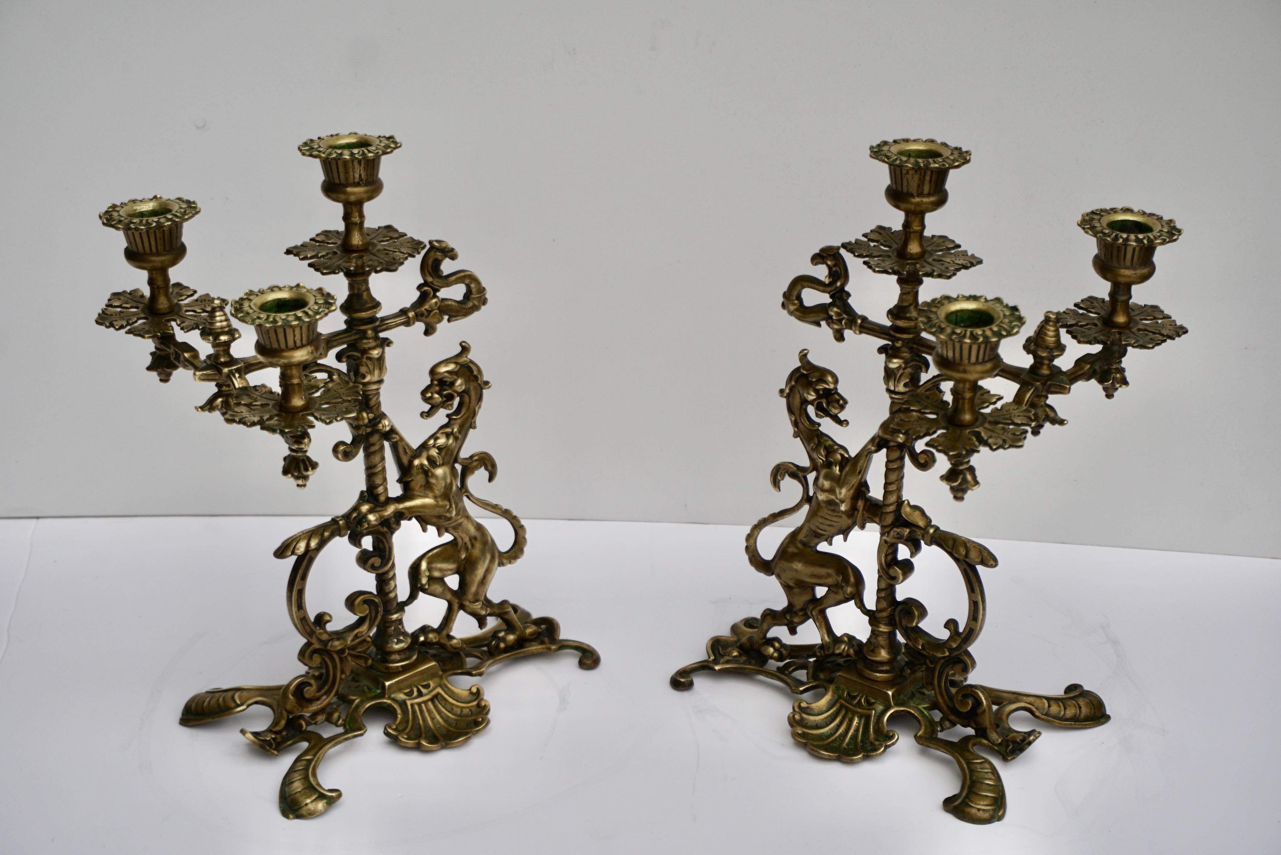 Pair of Brass Figural Candelabra with Dragons In Good Condition In Antwerp, BE