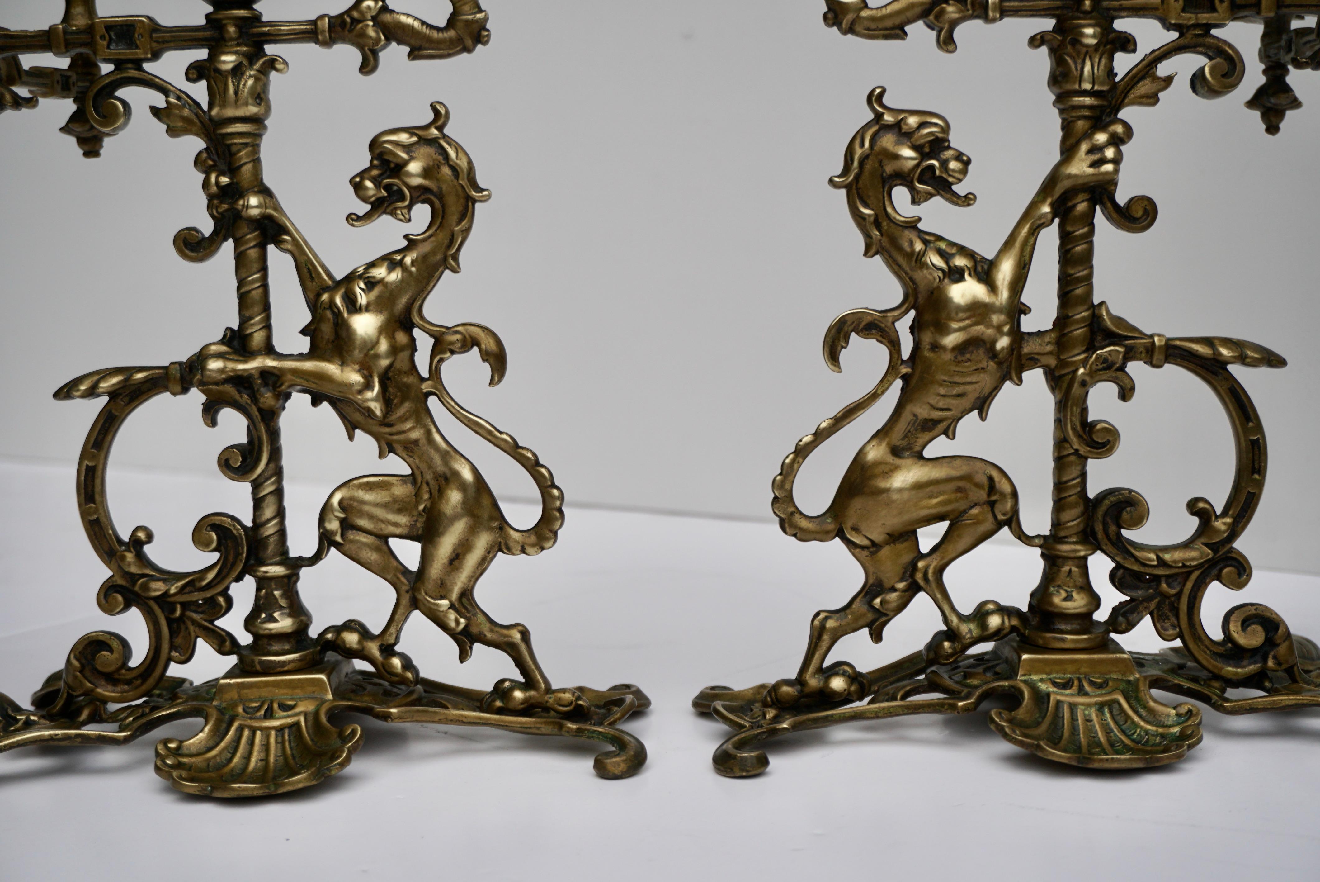 20th Century Pair of Brass Figural Candelabra with Dragons
