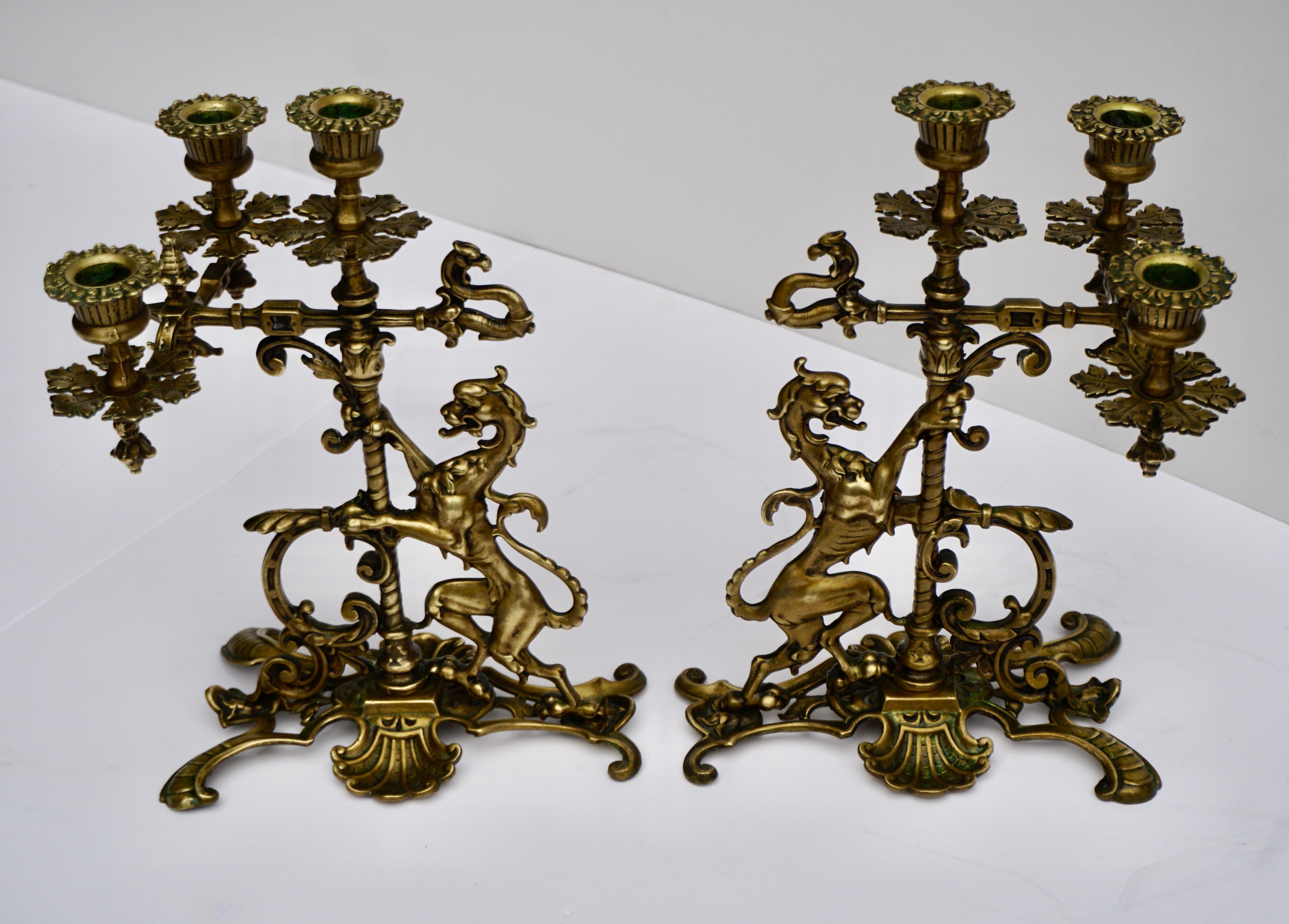 Pair of Brass Figural Candelabra with Dragons 1