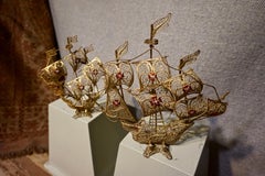Pair of Brass Filigree Memento Ships Portugal