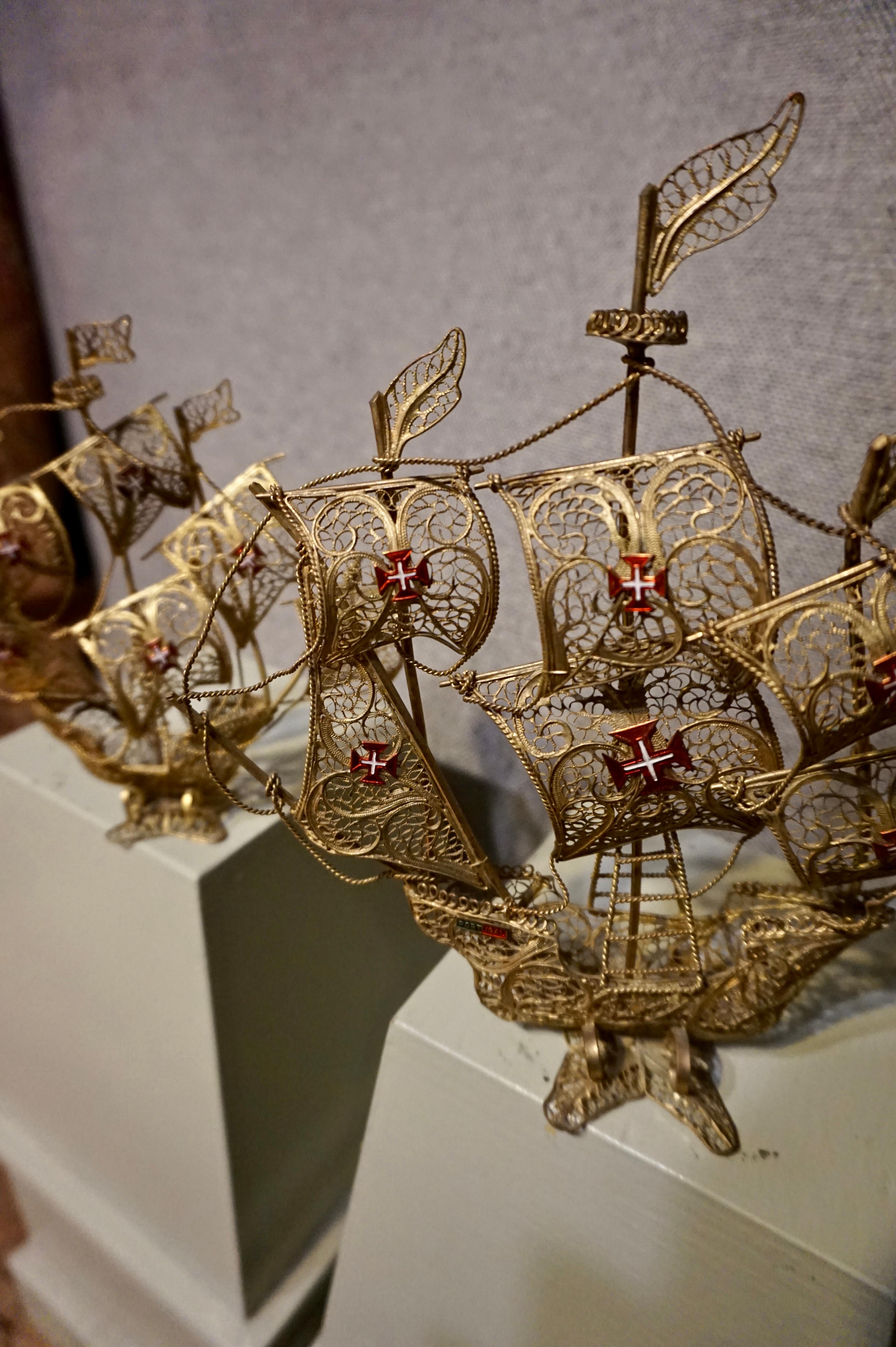 Portuguese Pair of Brass Filigree Memento Ships Portugal