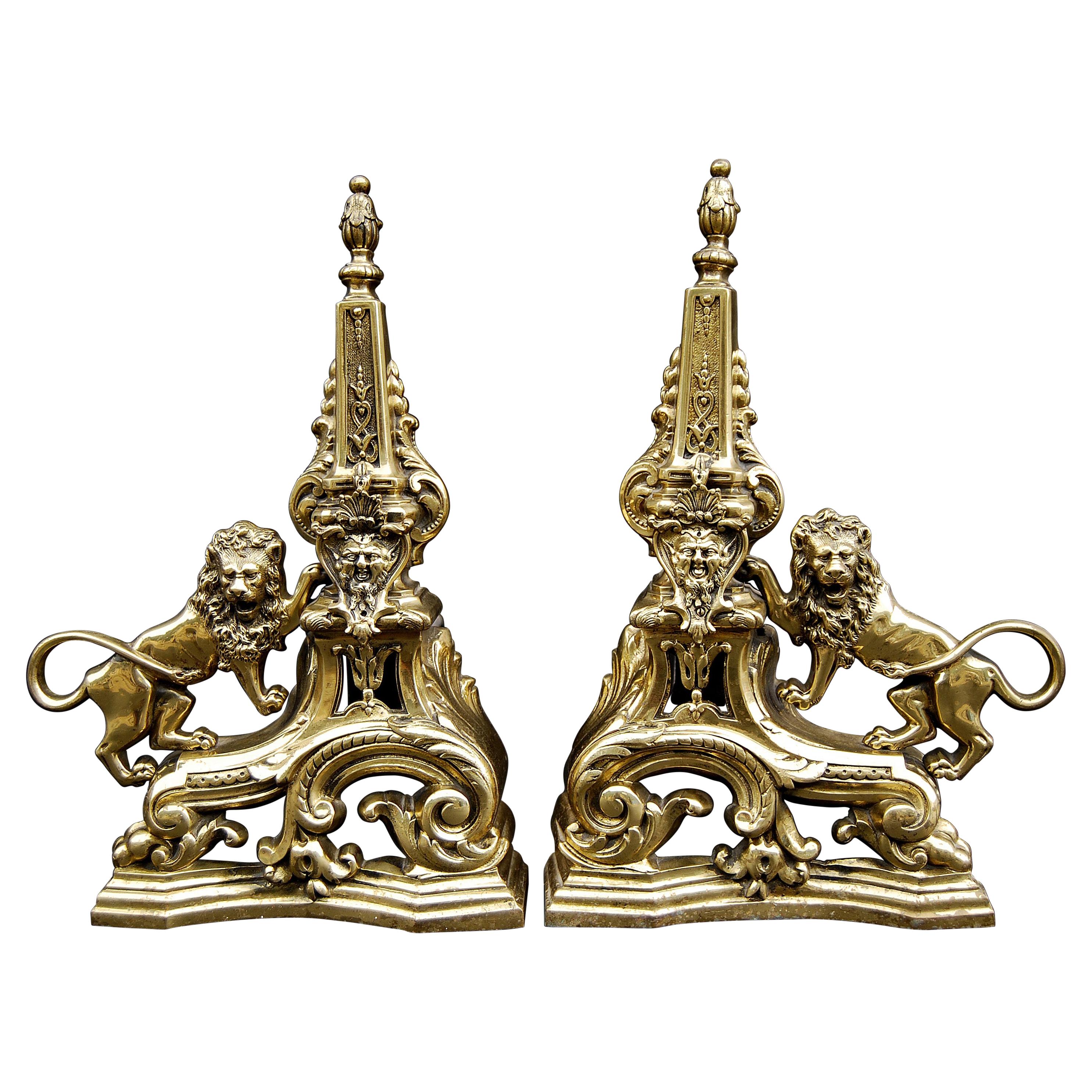 Pair of Brass Firedogs with Lions