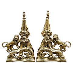Pair of Brass Firedogs with Lions