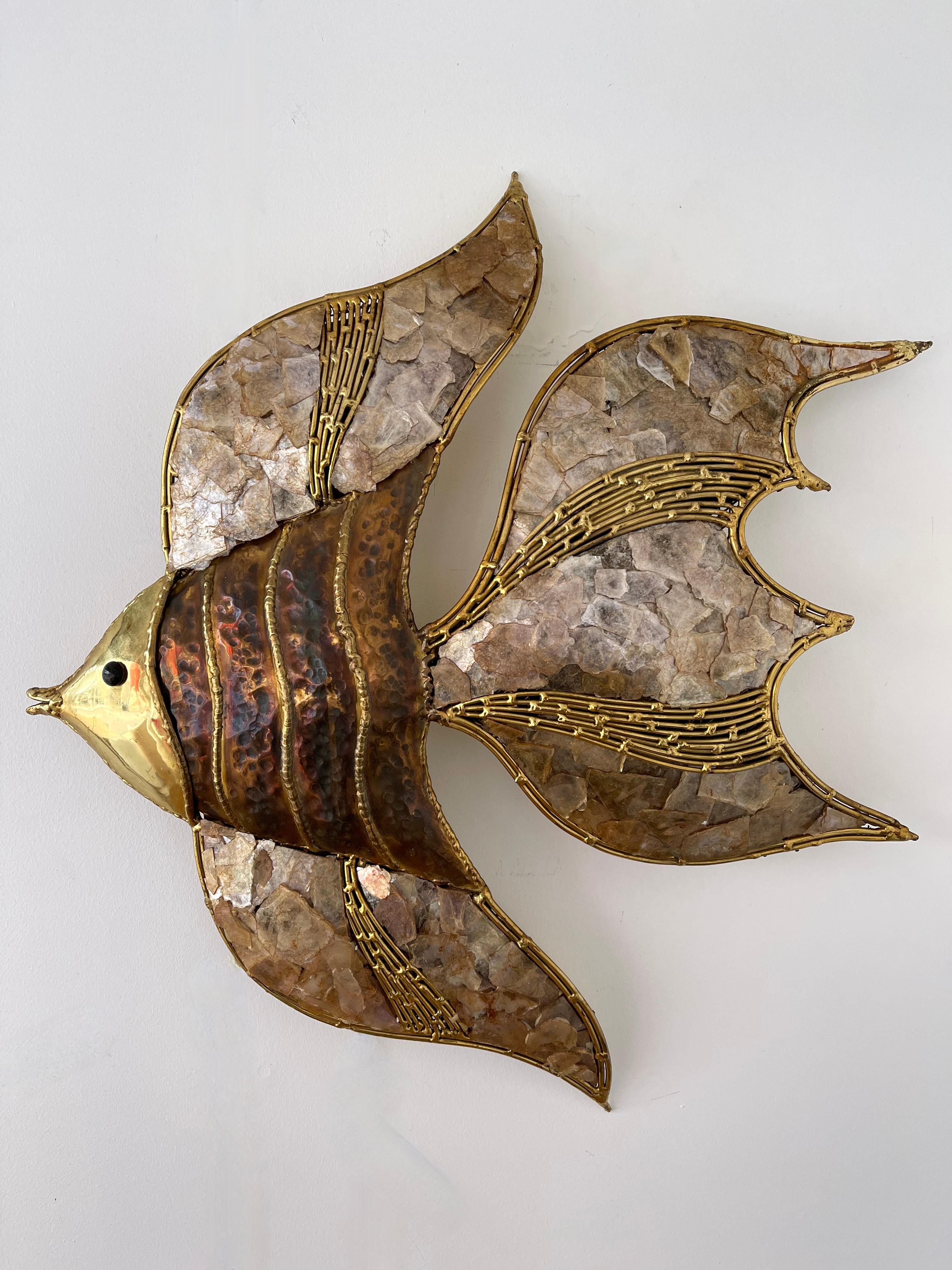 Rare pair of fish wall lights lamps sconces in brass and mica natural stone a type of quartz by the artist Richard and Isabelle Faure for Maison Honoré Paris. There is a left and right sconces. The Faure's also used agate and amethyst. Other artist