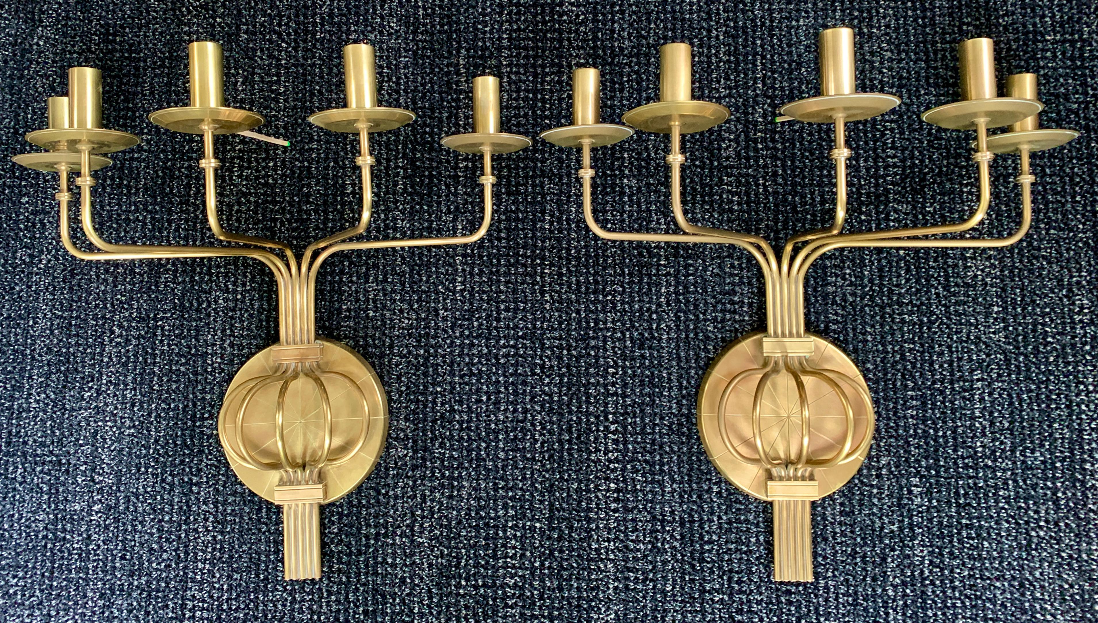 20th Century Pair of Brass Five Arm Hollywood Regency Wall Sconces by Tommi Parzinger For Sale