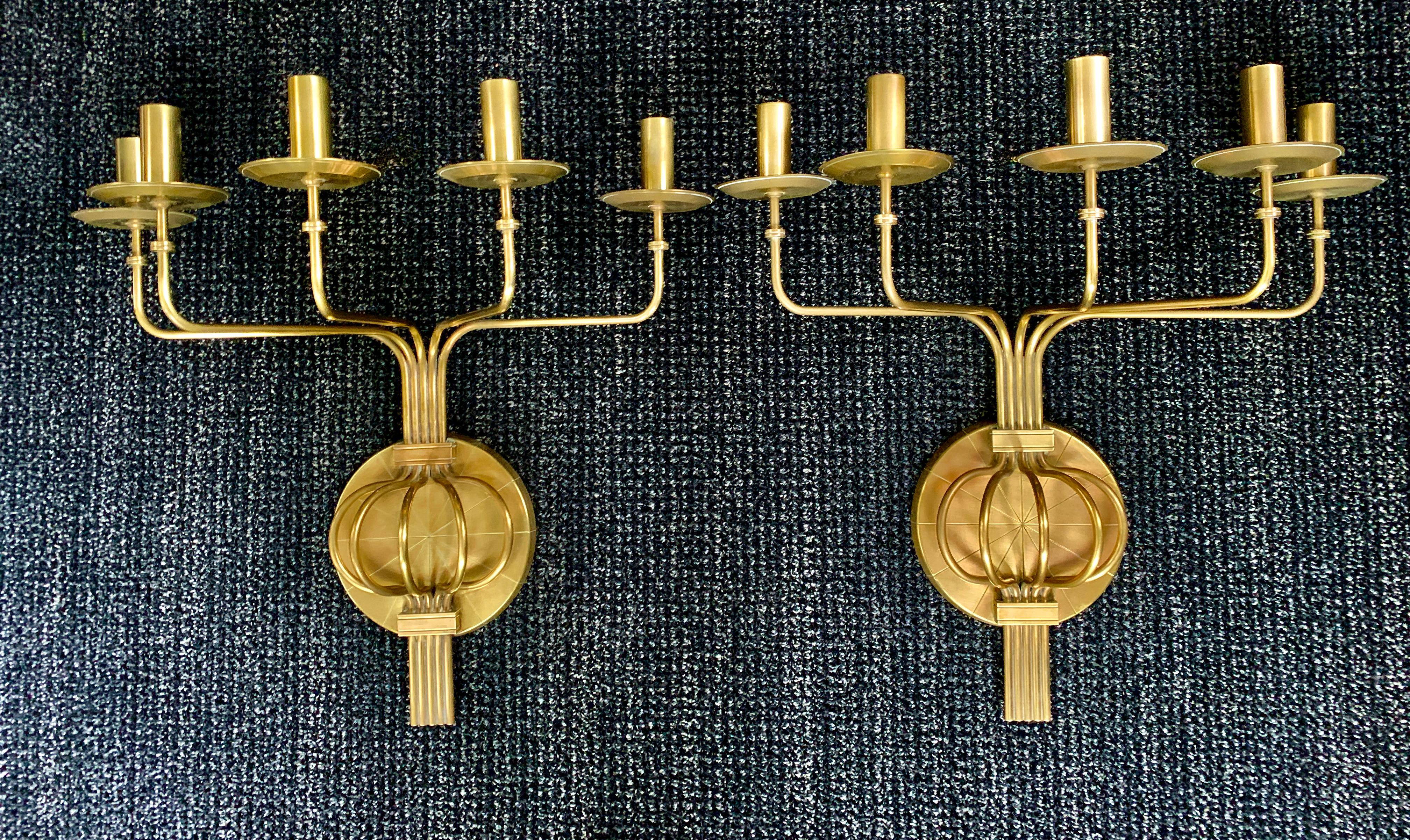 Pair of Brass Five Arm Hollywood Regency Wall Sconces by Tommi Parzinger For Sale 1