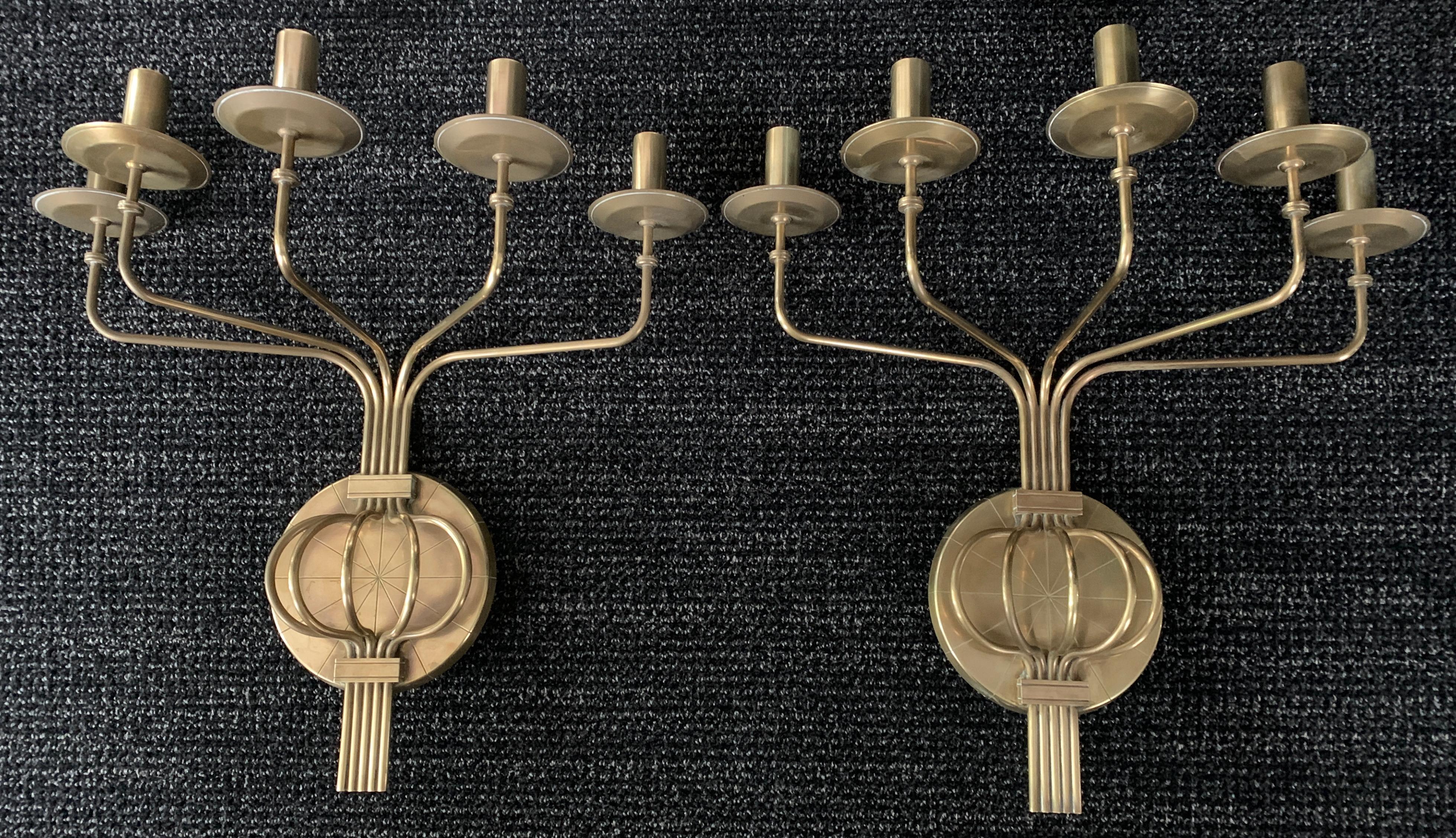 Pair of Brass Five Arm Hollywood Regency Wall Sconces by Tommi Parzinger For Sale 2