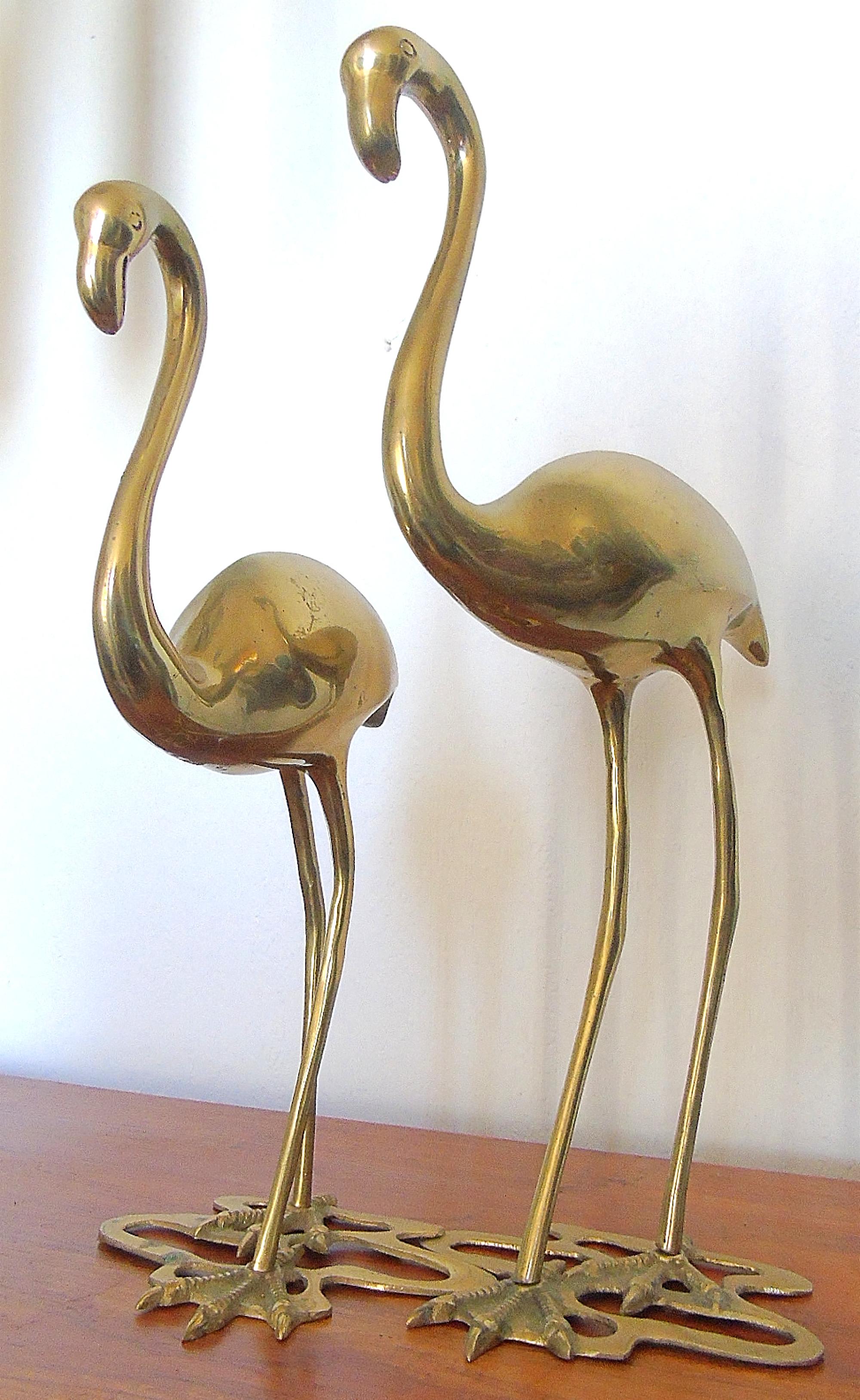 Pair of vintage flamingo sculptures made from patinated brass.

Good condition

Belgium, 1970s.

Dimensions:
H 18.5 in. x W 7 in. x D 10.5 in.

H 46.99 cm x W 17.78 cm x D 26.67 cm.


 