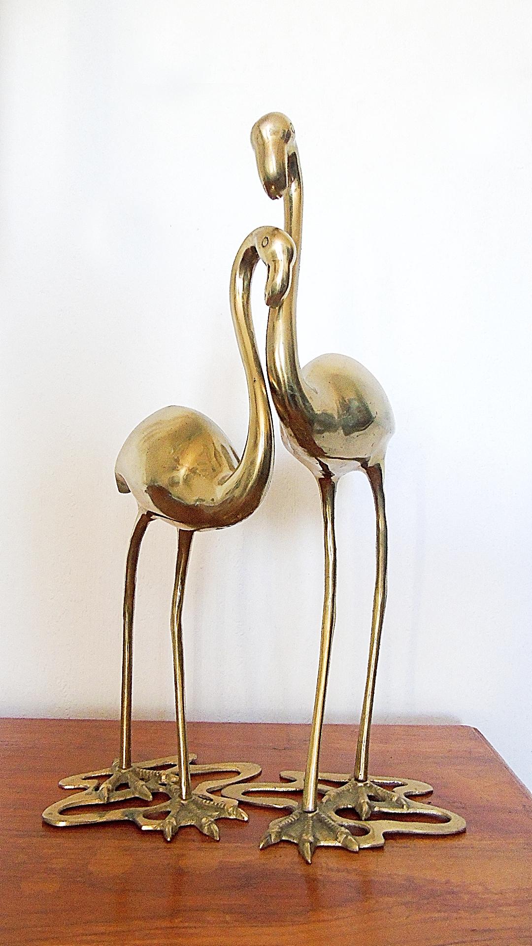 Hollywood Regency Pair of Brass Flamingo Sculptures
