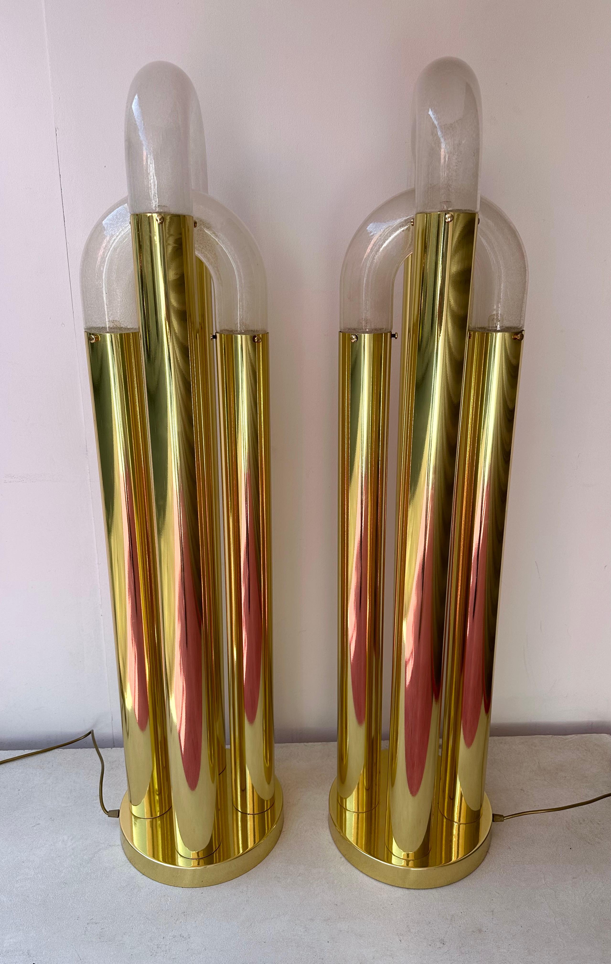 Pair of Brass Floor Lamp Murano Glass by Aldo Nason for Mazzega, Italy, 1970s For Sale 4