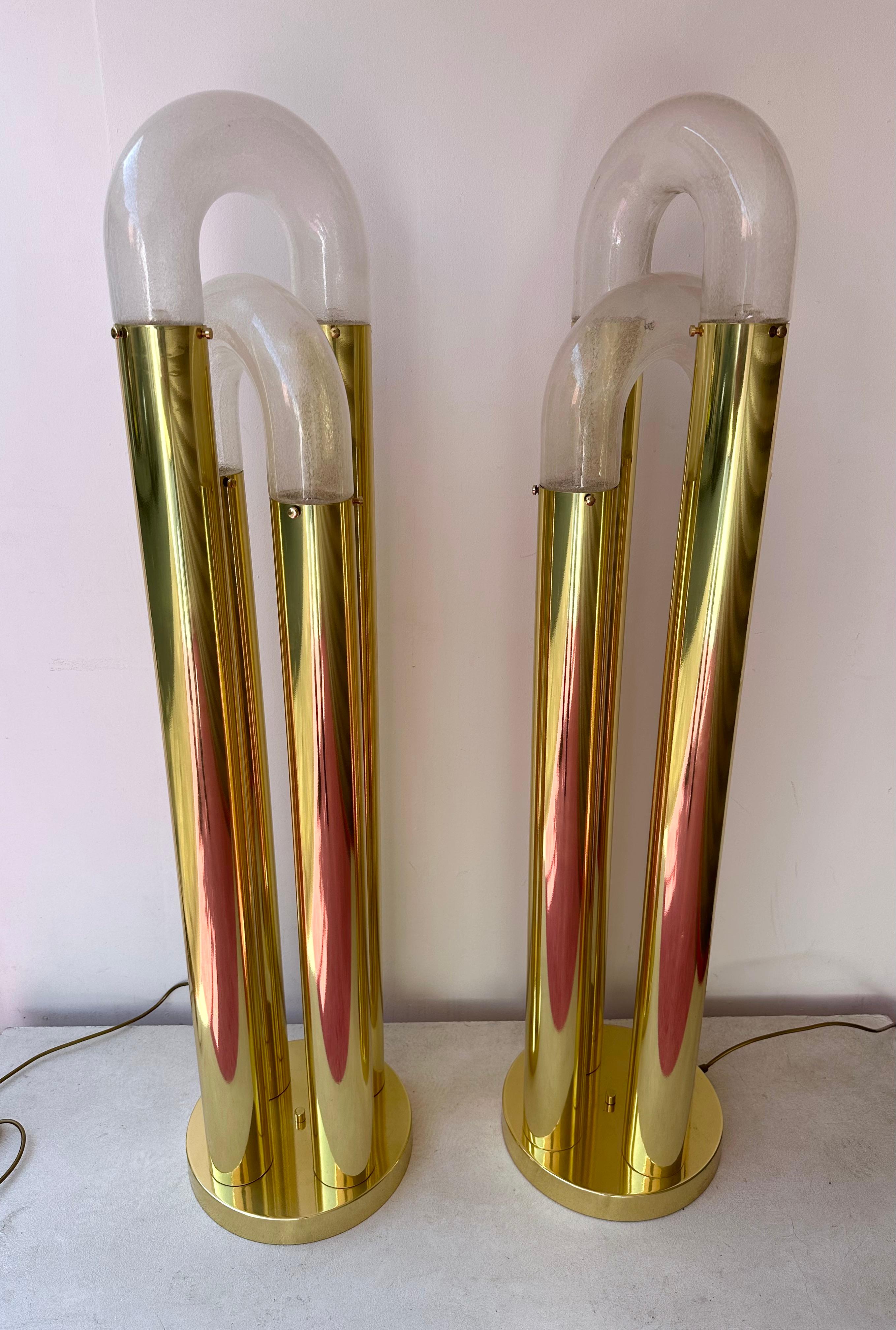 Pair of Brass Floor Lamp Murano Glass by Aldo Nason for Mazzega, Italy, 1970s For Sale 5