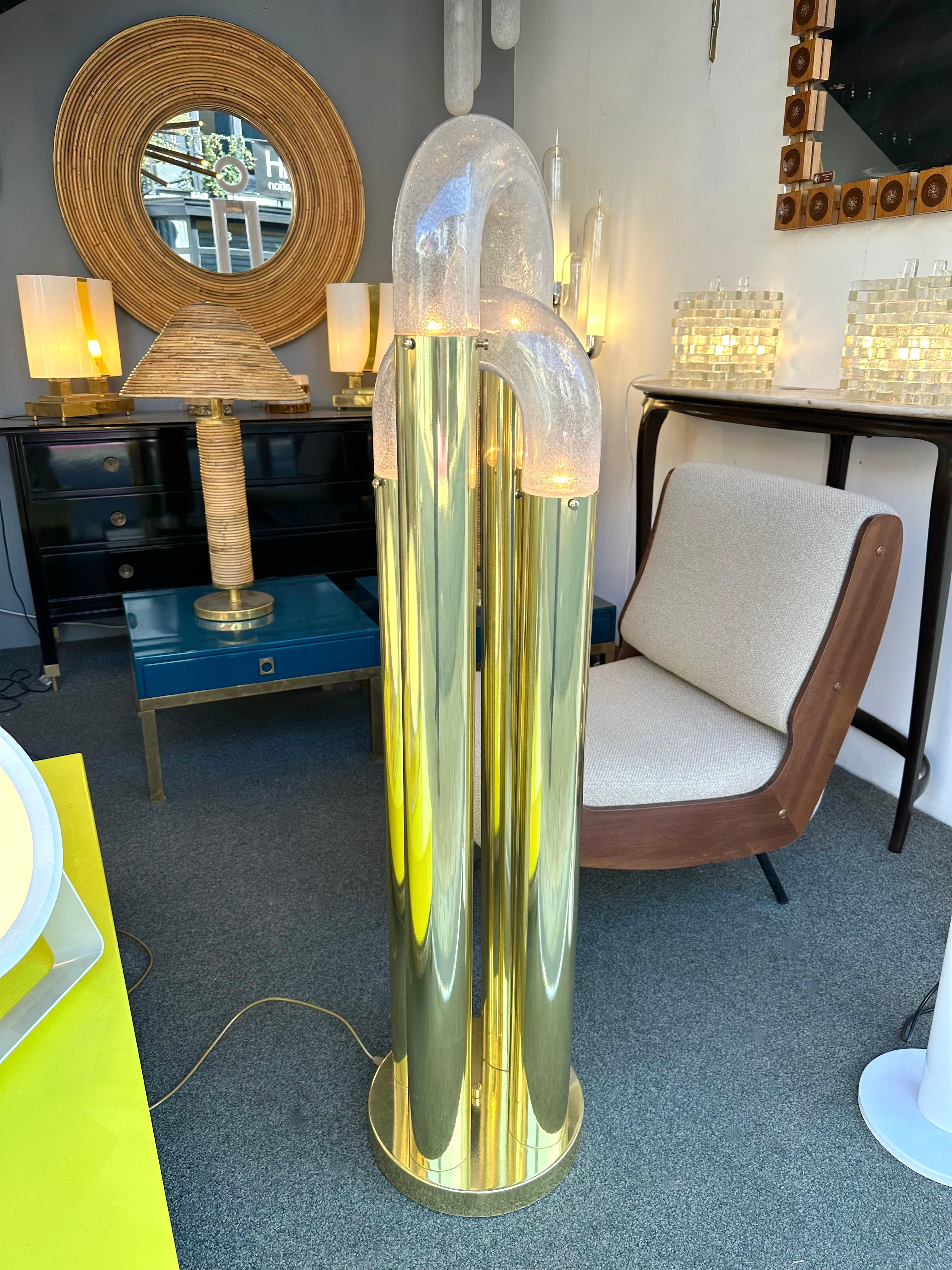Italian Pair of Brass Floor Lamp Murano Glass by Aldo Nason for Mazzega, Italy, 1970s For Sale