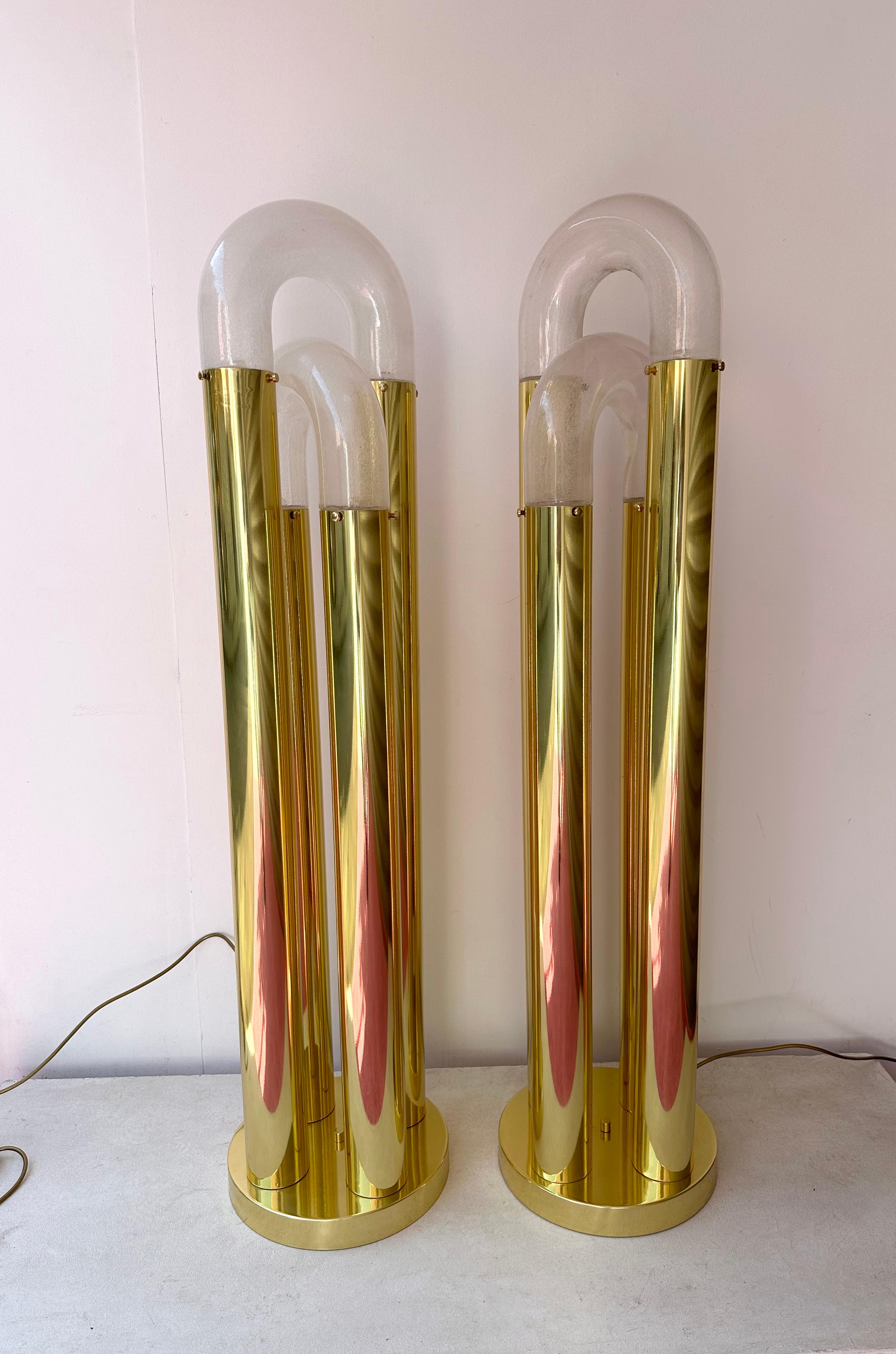 Pair of Brass Floor Lamp Murano Glass by Aldo Nason for Mazzega, Italy, 1970s In Good Condition For Sale In SAINT-OUEN, FR