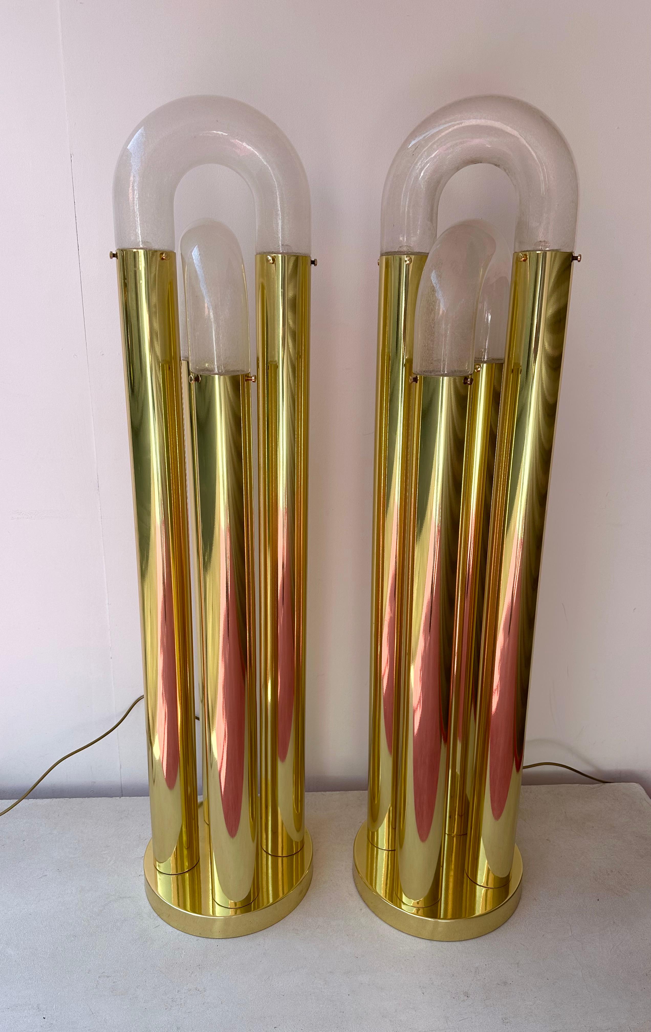 Pair of Brass Floor Lamp Murano Glass by Aldo Nason for Mazzega, Italy, 1970s For Sale 1