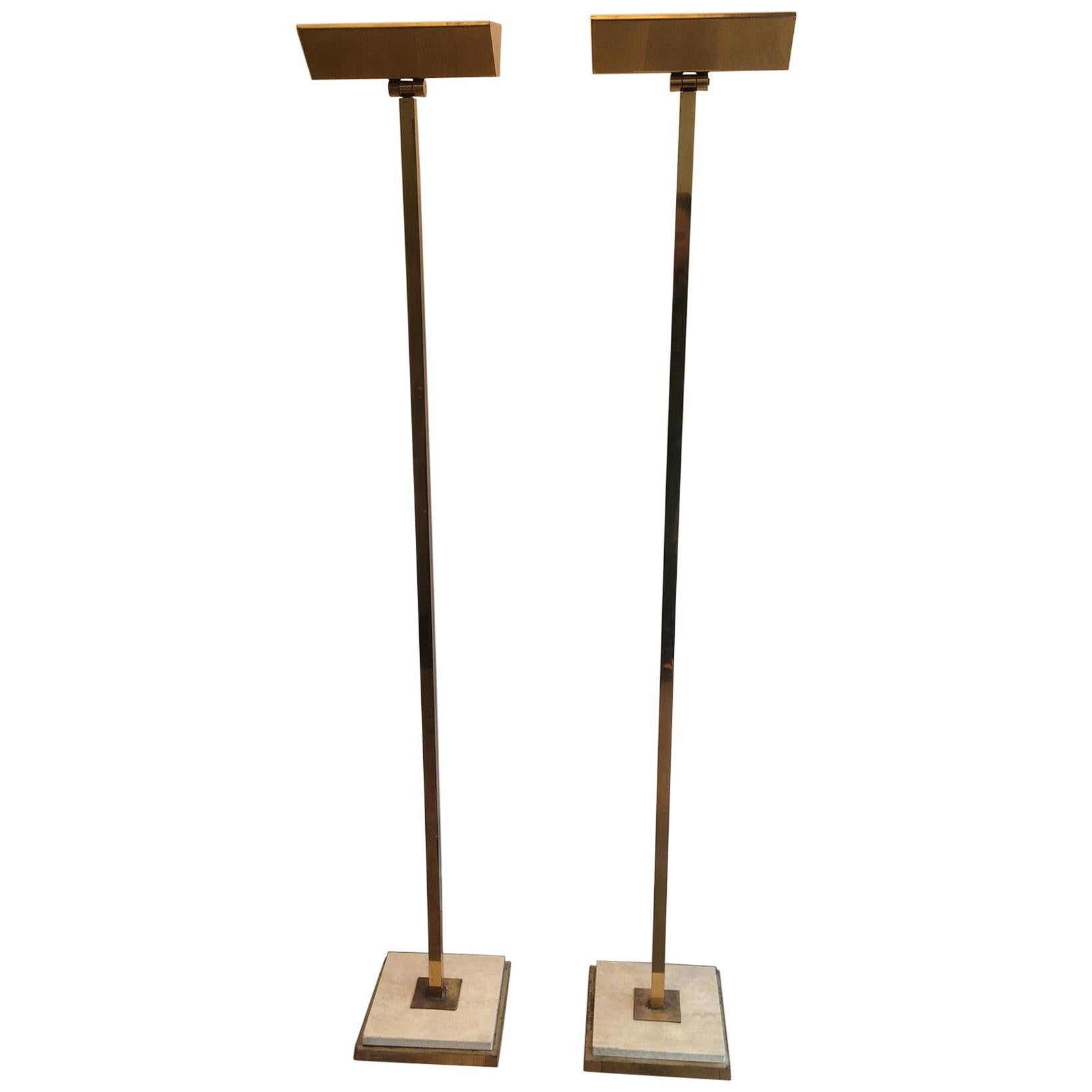 Pair of Brass Floor Lamps on Travertine Base, French, circa 1970