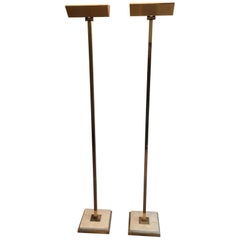 Vintage Pair of Brass Floor Lamps on Travertine Base, French, circa 1970