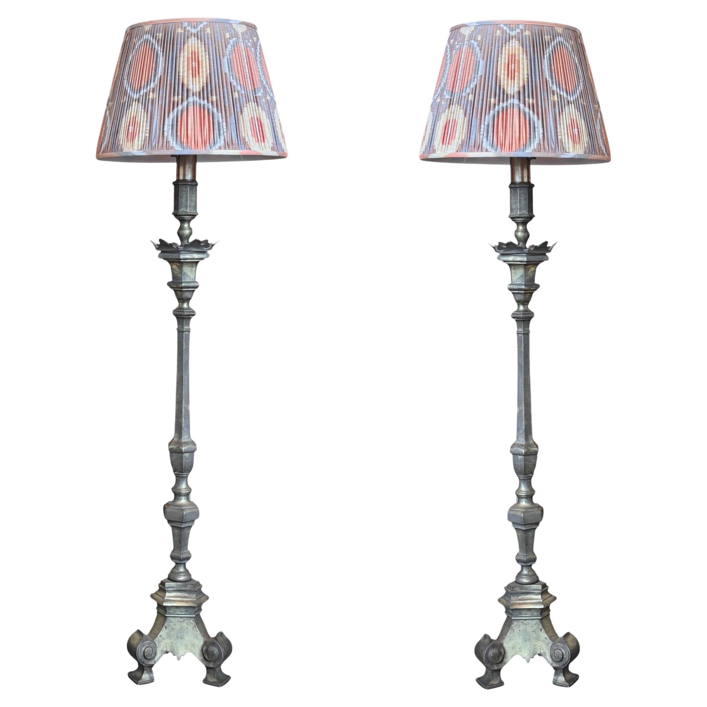 Pair of Brass Floor Lamps With Tripod Bases For Sale