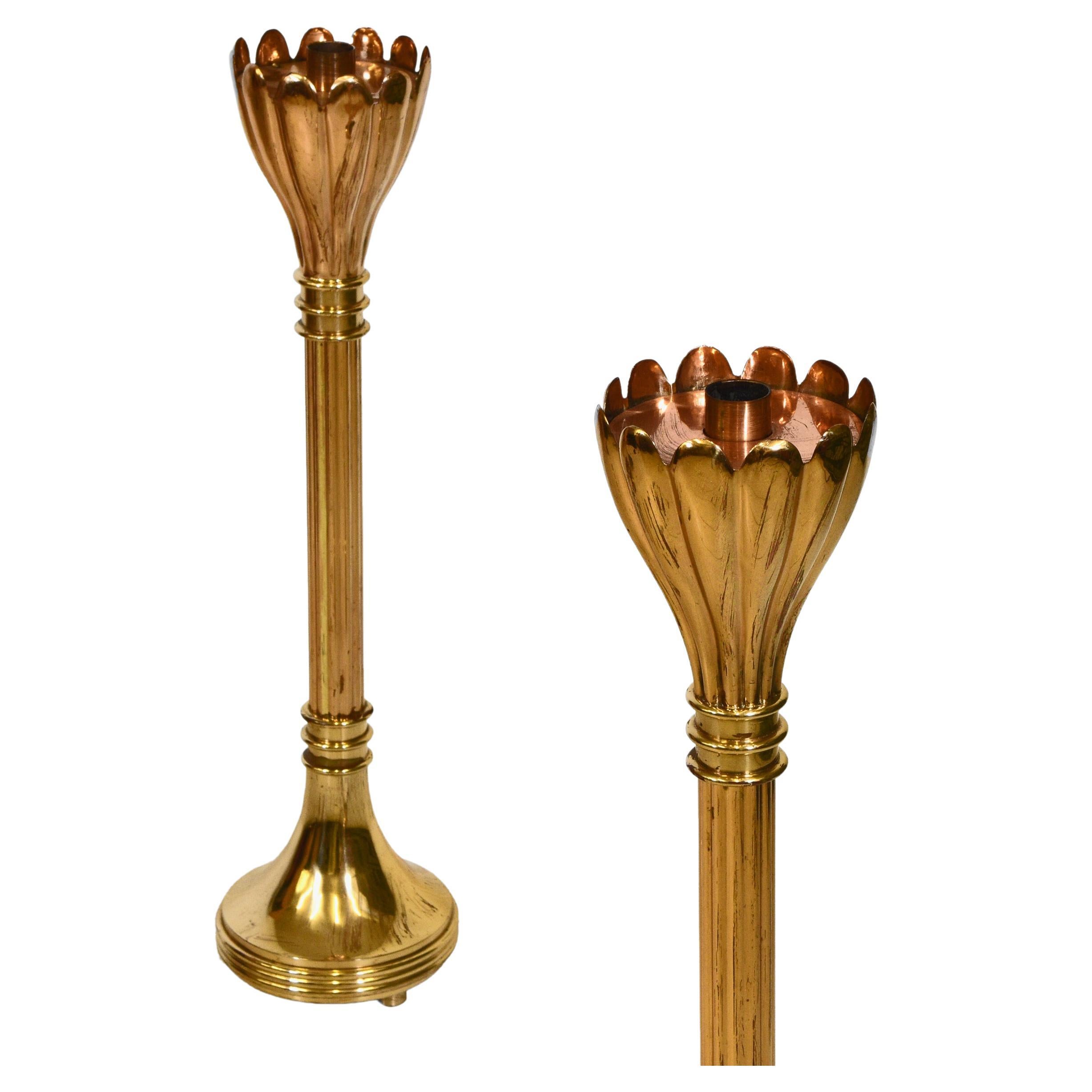 Pair of Brass Floor Standing Candle Stands Holders with Flared Scalloped Uppers For Sale