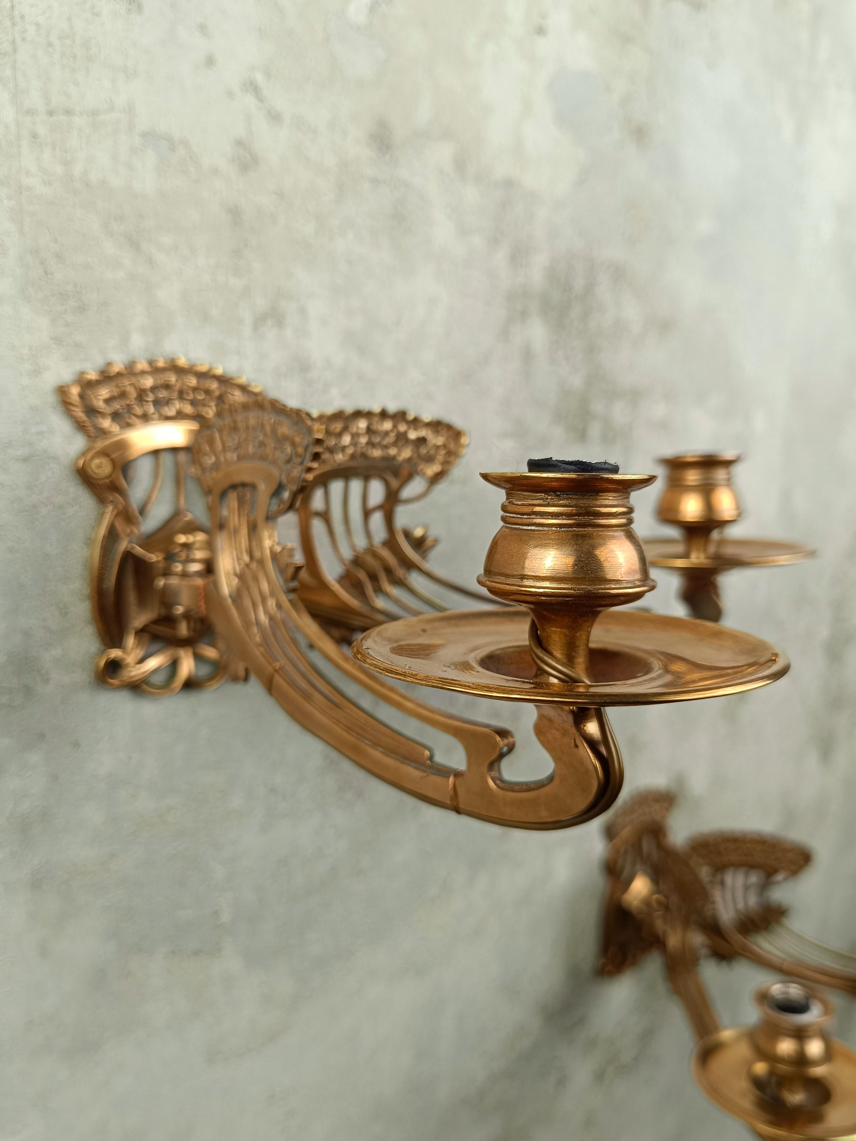 Pair of Brass Floral Art Nouveau Wall Lights Sconces Early 20th Century  5