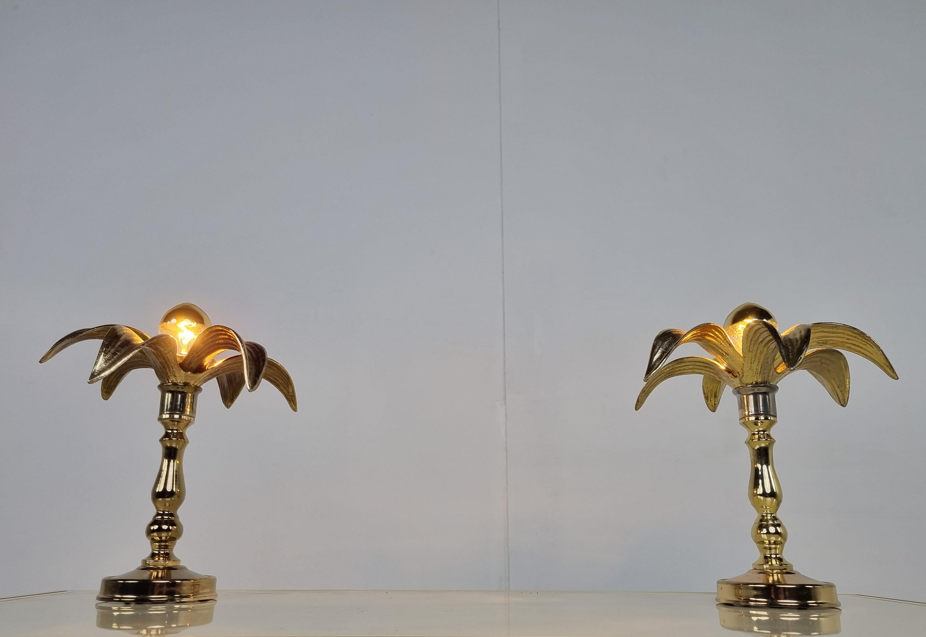 Belgian Pair of brass flower table lamps, 1970s