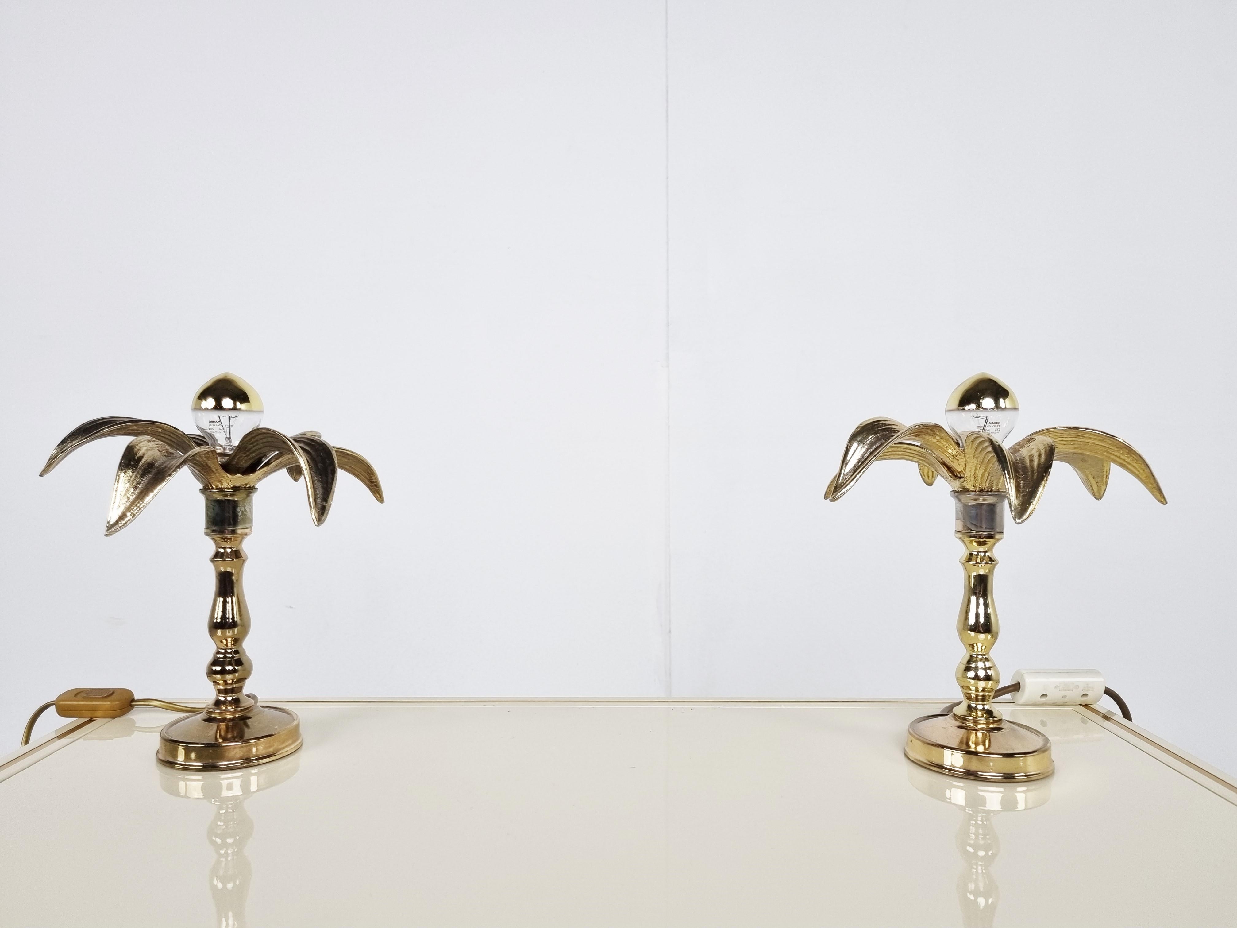 Brass Pair of brass flower table lamps, 1970s