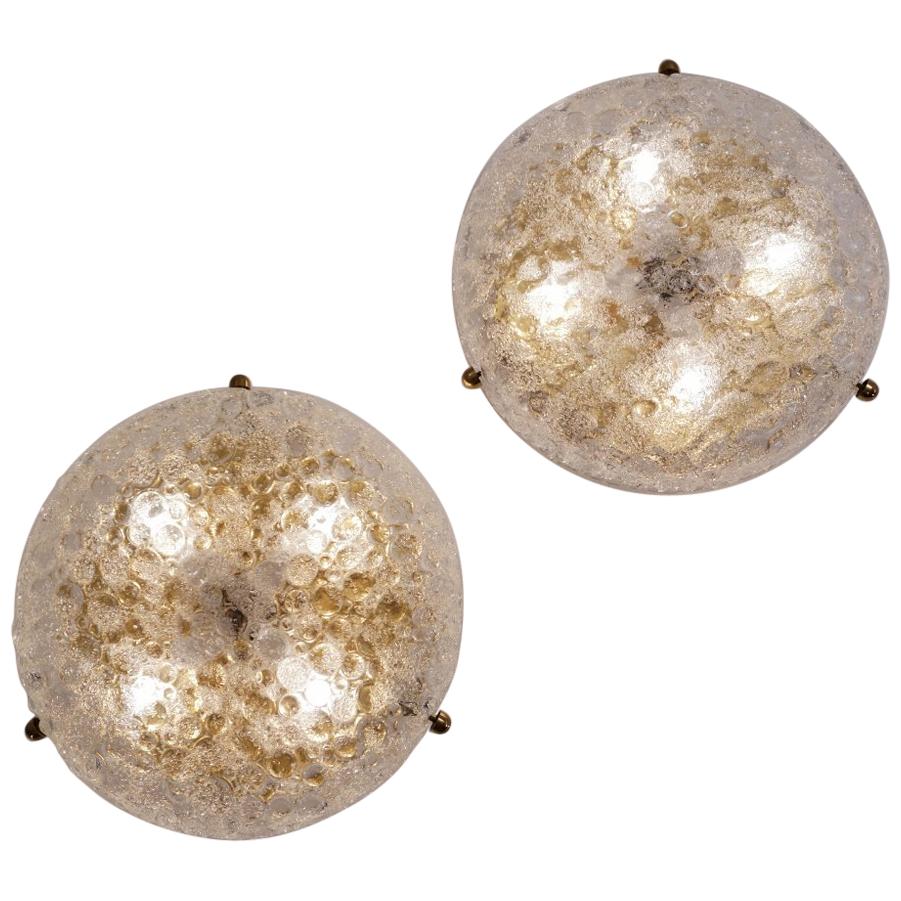 Pair of Brass Flush Lights with Glass Shade by Hillebrand, circa 1970s, German For Sale